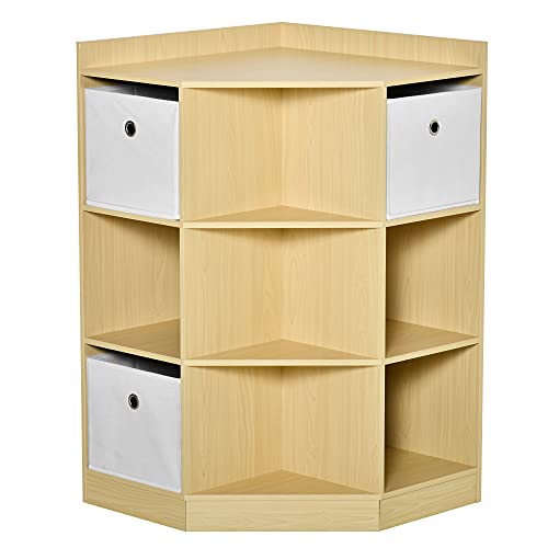 HOMCOM Kids Corner Cabinet with 3 Baskets - Toy Storage Organizer & Bookshelf Unit for Playroom, Bedroom, Living Room - Natural Wood Nursery Furniture for Toddler Organization & Home Decor