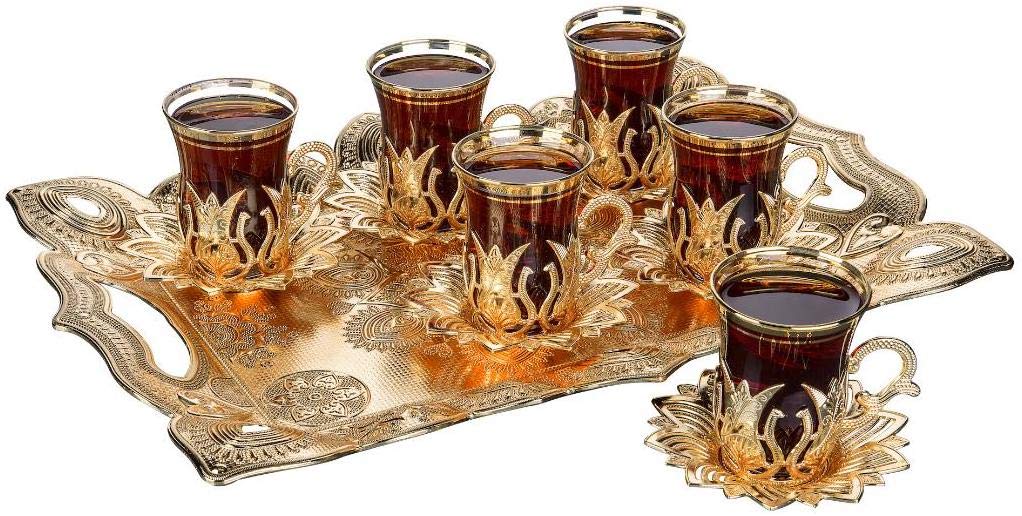 DEMMEX 6-Piece Turkish Tea Glasses Set with Saucers, Tray & Spoons - 25-Piece Gold Tea Service (3.5 Oz) - Perfect for Afternoon Tea, Turkish Coffee Ceremonies & Gift Giving