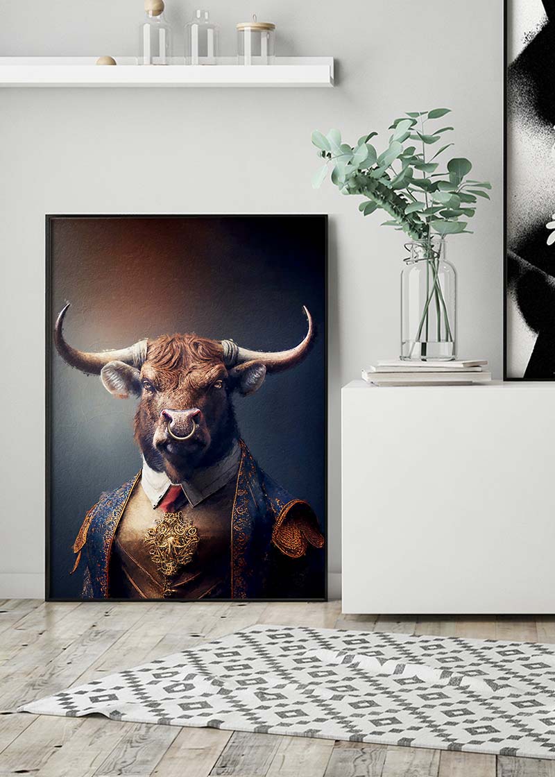 Bull Animal Head Portrait Print - Premium Wall Art Decor for Home, Office, or Cabin - Perfect for Western, Ranch, and Hunting Theme Rooms