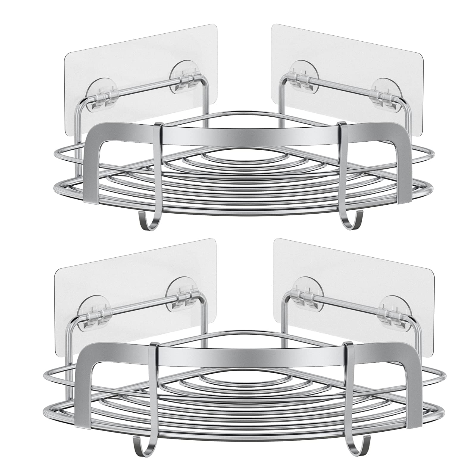 STEUGO 2 Pack Corner Shower Caddy - No Drill Adhesive Wall Mounted Bathroom Shelf with 4 Adjustable Hooks - Rustproof Stainless Steel Storage Organizer for Shampoo, Soap & Bath Accessories - Perfect for Small Showers, Apartments & Dorm Rooms
