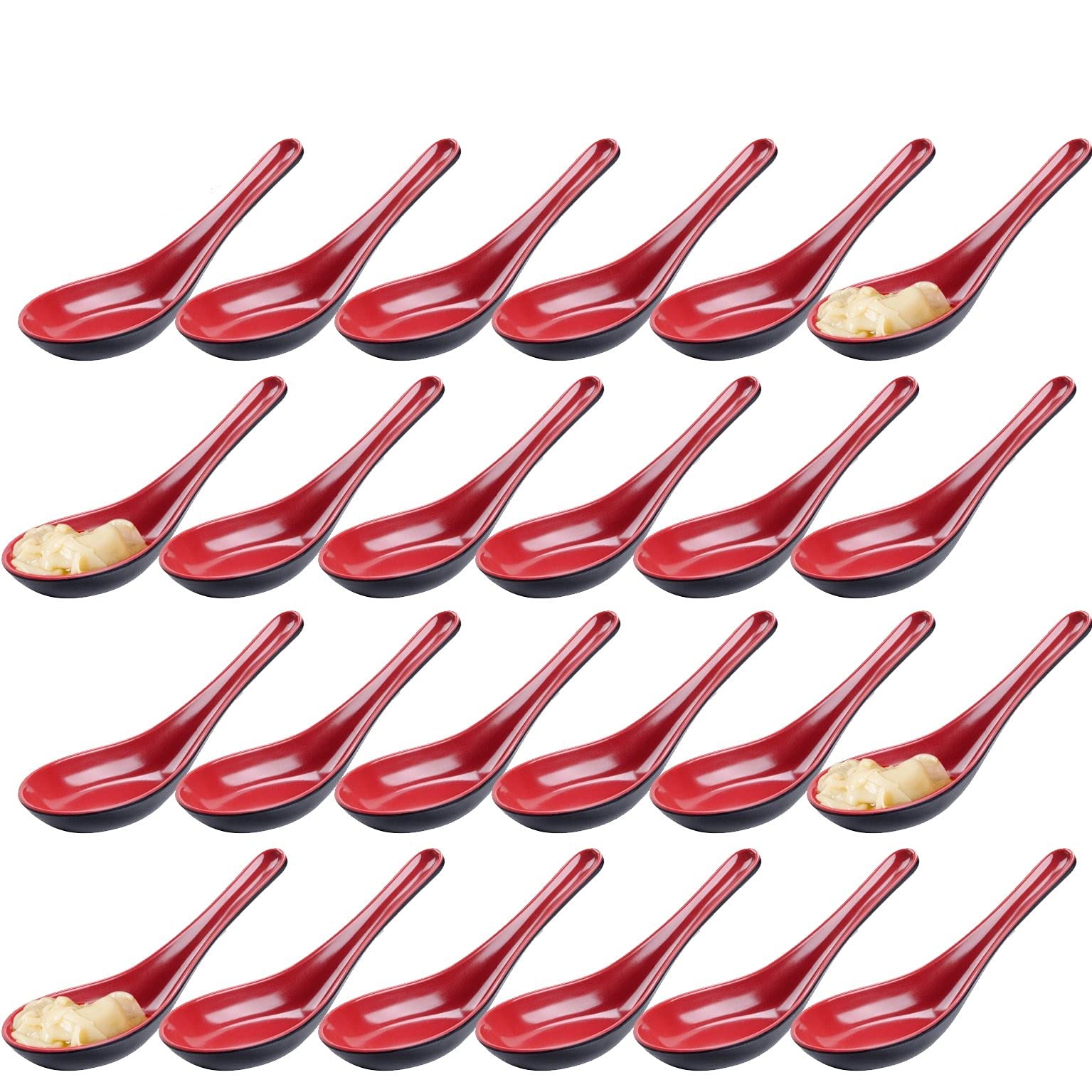 Premium Asian Red & Black Melamine Soup Spoons - 24-Pack for Won Ton, Soba, Rice & Sushi - Durable Restaurant & Sushi Bar Tableware for Home & Commercial Use