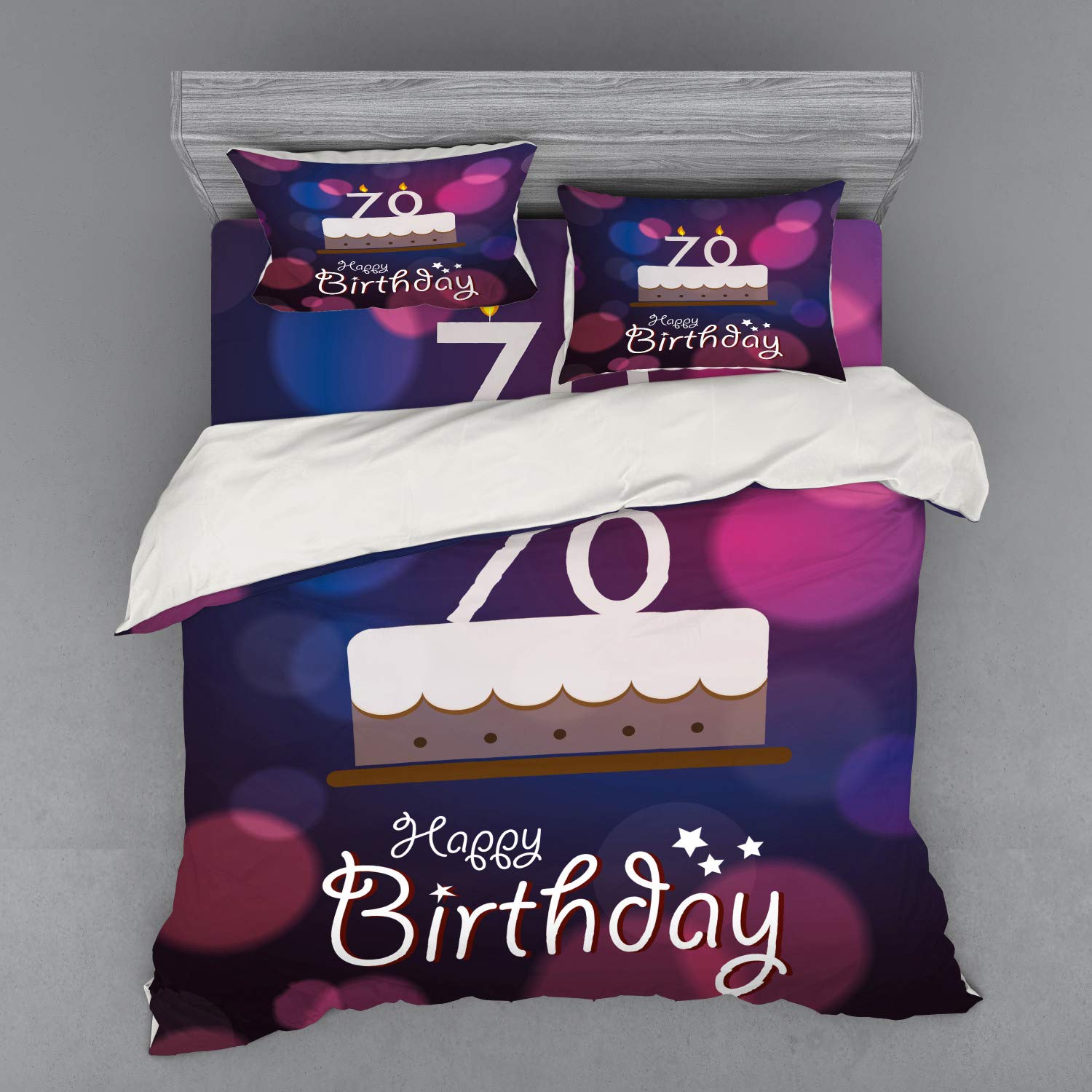Ambesonne 70th Birthday Duvet Cover Set - King Size 4-Piece Bedding with Cartoon Cake Design in Purple & Lilac - Perfect for Birthday Party Decorations & Themed Bedroom Makeovers