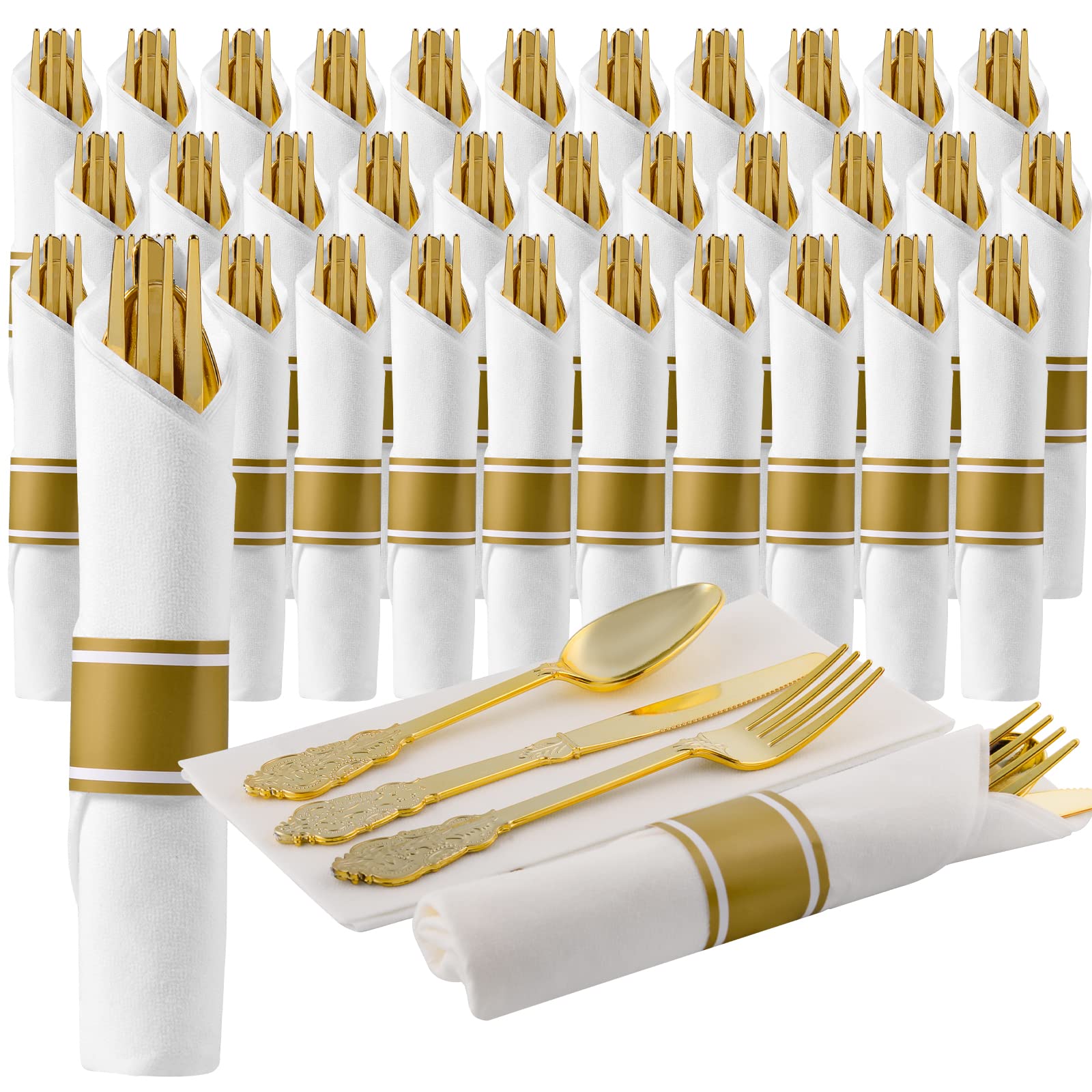 60-Piece Gold Plastic Cutlery Set - Elegant Antique Gold Handle Disposable Utensils (60 Forks, 60 Knives, 60 Spoons + 60 Napkins) | Perfect for Weddings, Parties, Picnics & Catering Events
