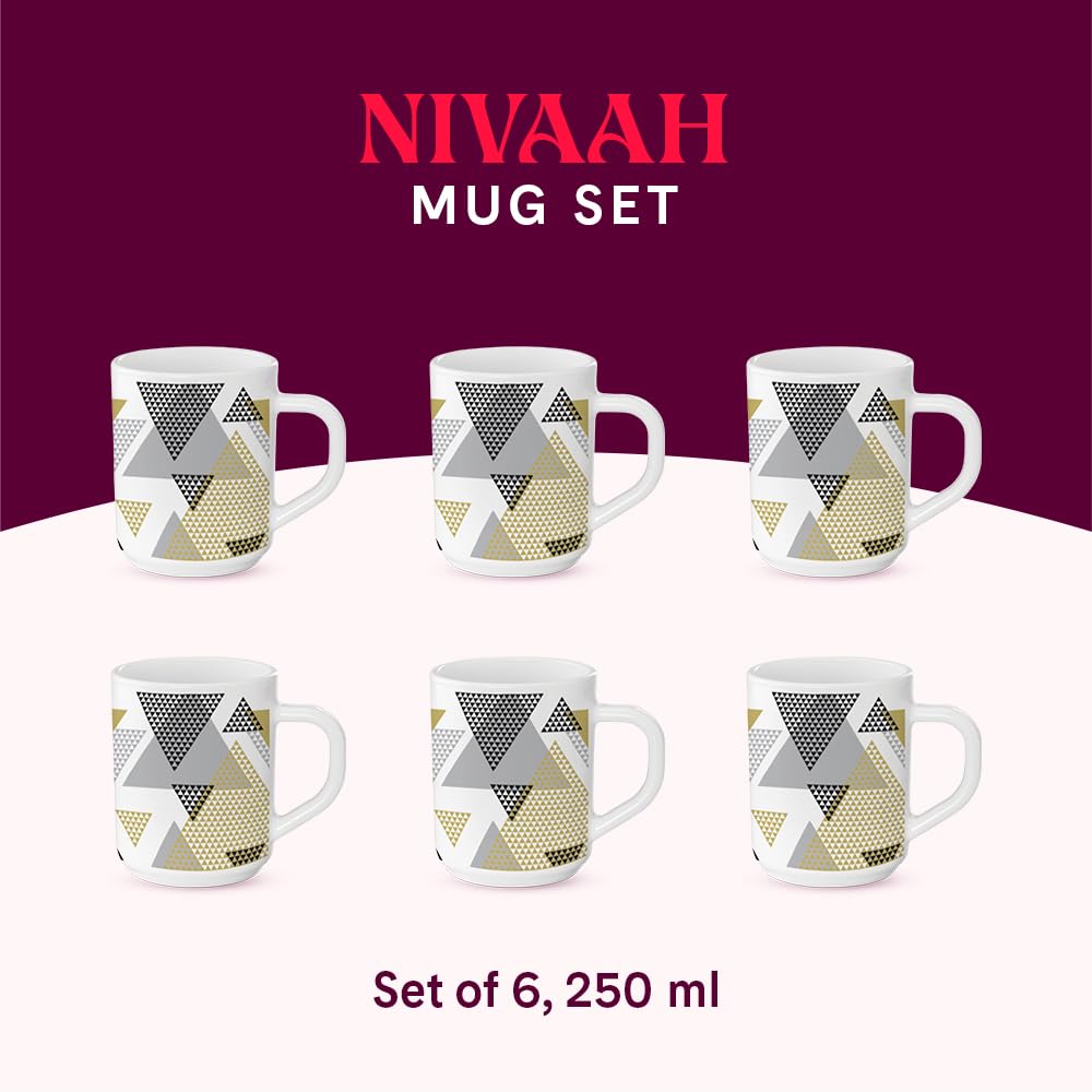Borosil Nivaah Opalware Tea & Coffee Mugs Set of 6 (240ml Each) - Microwave & Dishwasher Safe, Bone-Ash Free - Ideal for Home, Office, Gifts & Daily Use - Elegant White Crockery Set
