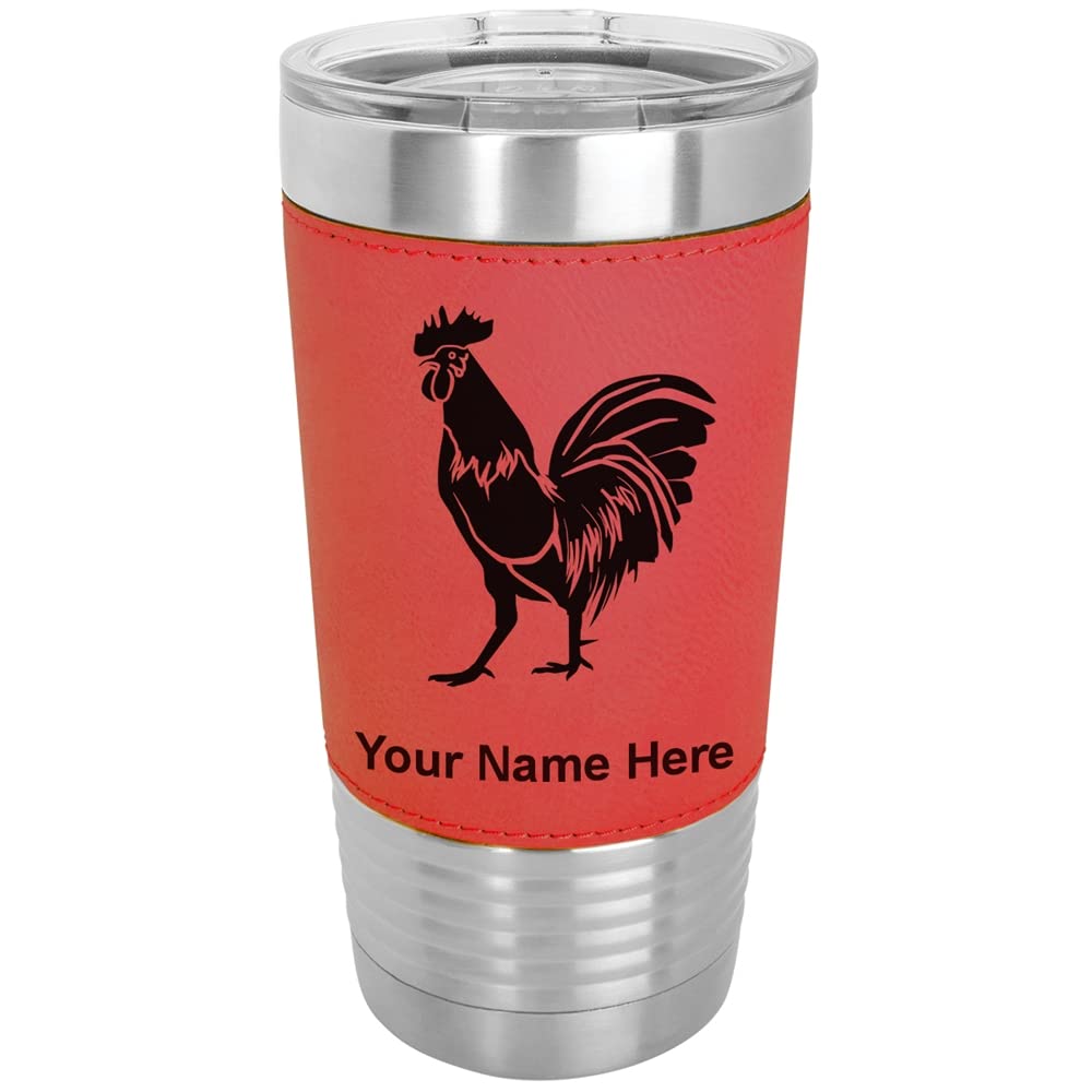 LaserGram 20oz Vacuum Insulated Stainless Steel Tumbler Mug with Leak-Proof Lid - Custom Engraved Rooster Design, Faux Leather Wrap & Red Finish - Perfect for Coffee, Tea, Iced Drinks at Home, Office or Travel