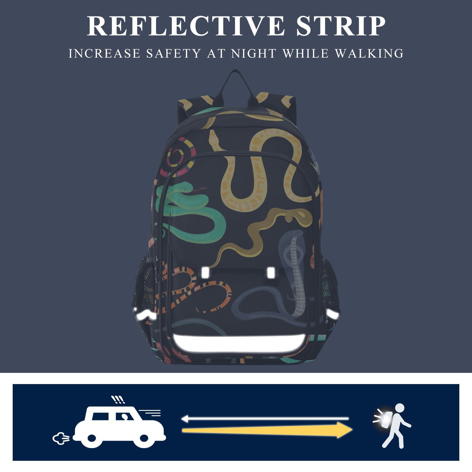 Lightweight Black Snake Print Laptop Backpack - Waterproof School Bag for Students, Travel & Work with Reflective Stripes - Perfect for College, Commuting & Outdoor Adventures