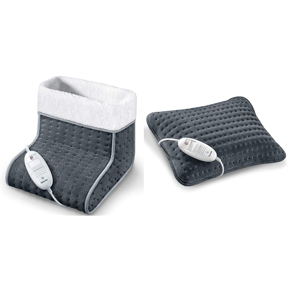 Beurer FW20UK Electric Foot Warmer & HK48 Heated Cushion Set - Grey Foot Warmer for Cold Feet with Safety System, Machine Washable Sofa Cushion with Integrated Heat Pad - Perfect for Winter Comfort at Home, Office or Travel