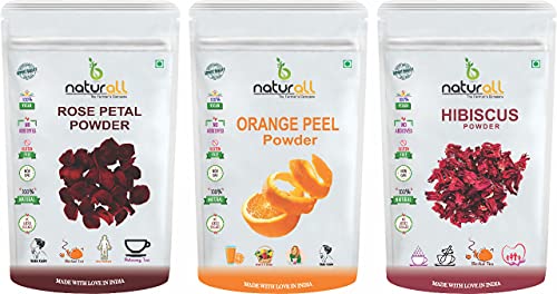 B Naturall Organic Skin Care Combo Pack - Hibiscus Powder, Rose Petal Powder & Orange Peel Powder (200g Each, Total 600g) for Face Mask, Hair Treatment & Natural Beauty DIY