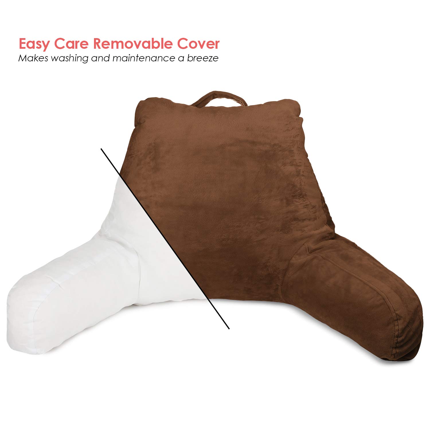 Clara Clark Kids Reading Pillow with Memory Foam Support - Small Backrest for Sitting in Bed, Gaming & Reading - Chocolate Brown Pillow with Arms & Pockets - Perfect for Bedtime Stories, Gaming & Relaxation