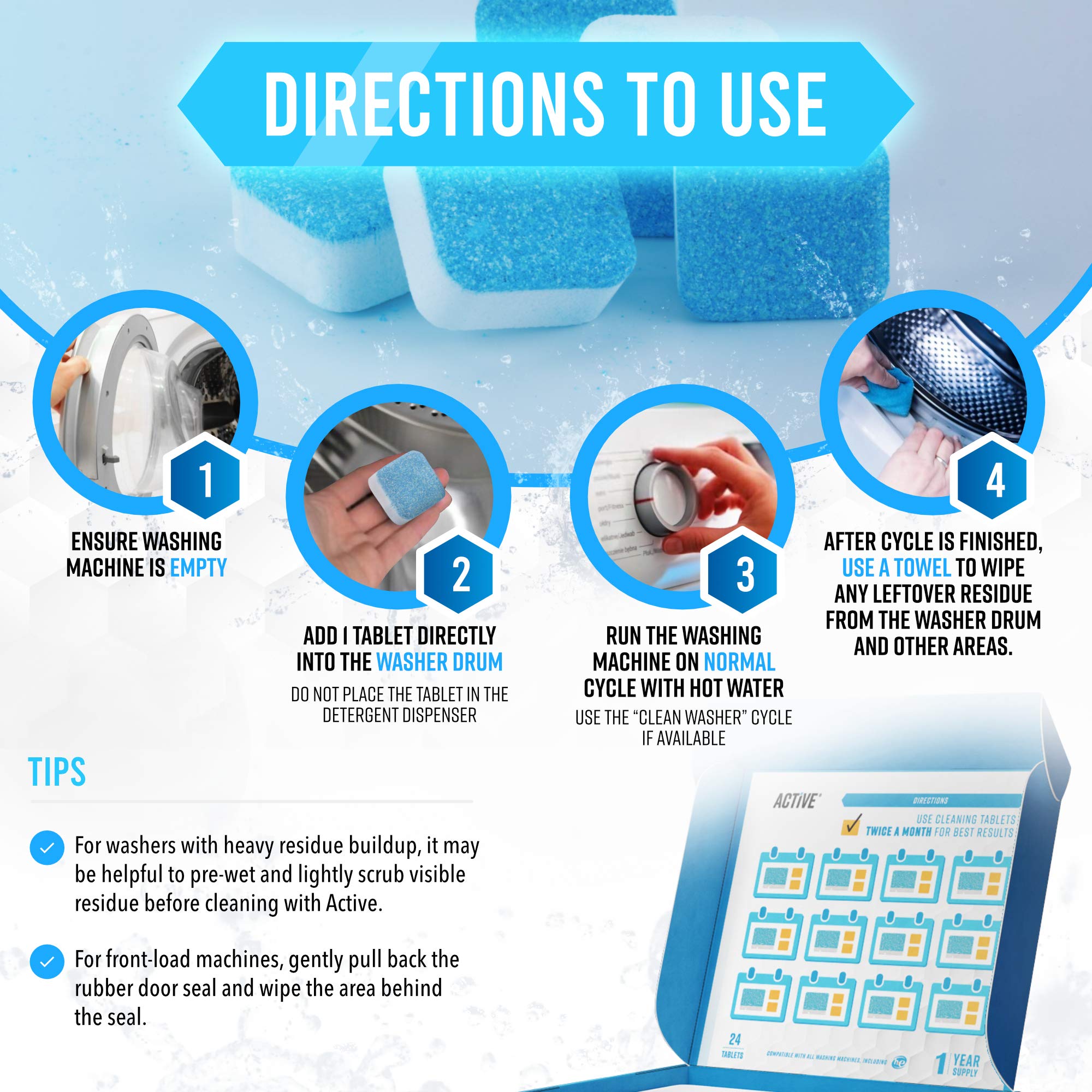 ACTIVE Washing Machine & Dishwasher Cleaning Tablets Bundle - 48 Deep Cleaning Tablets (12 Month Supply) | Descaler, Deodorizer & Deep Cleaner | Perfect for Laundry & Dishwashing Appliances