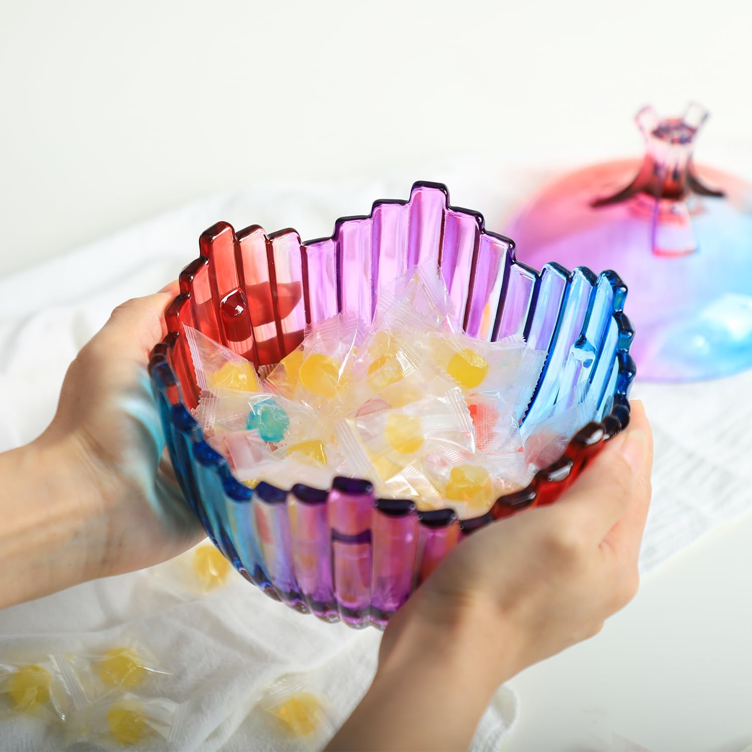 Royal Large Glass Candy Dish with Lid - Purple Rainbow Clear Apothecary Jar for Wedding Candy Buffet, Party Treats & Home Decor (27oz) | Perfect for Candy Storage, Dessert Display & Gift Giving