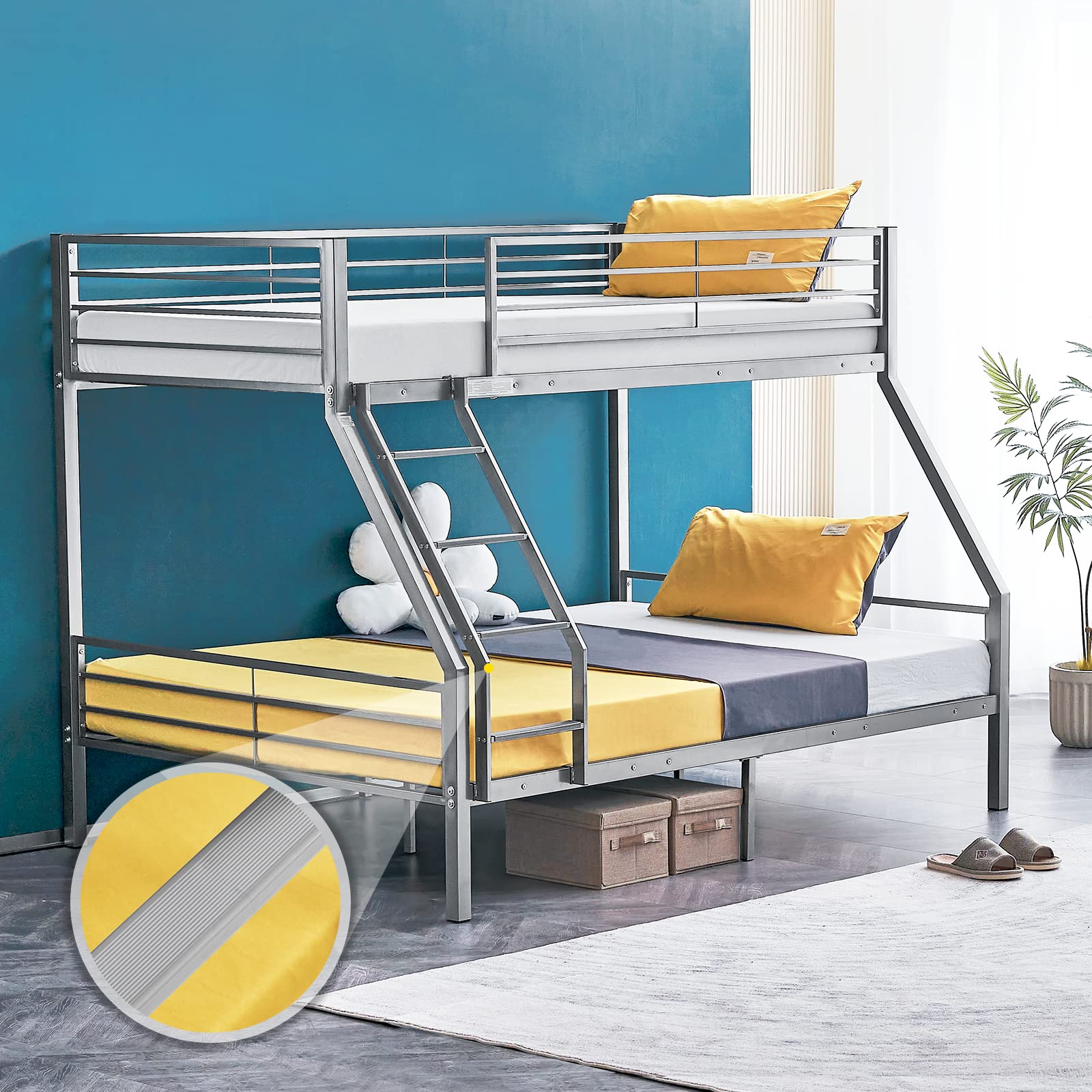 Bonnlo Twin Over Full Bunk Bed with Flat Rung Steps - Heavy Duty Metal Bunk Bed for Kids, Teens & Adults - Reinforced Safety Guardrail - Space Saving Bedroom Furniture (Gray) - Perfect for Dorms, Guest Rooms & Small Spaces