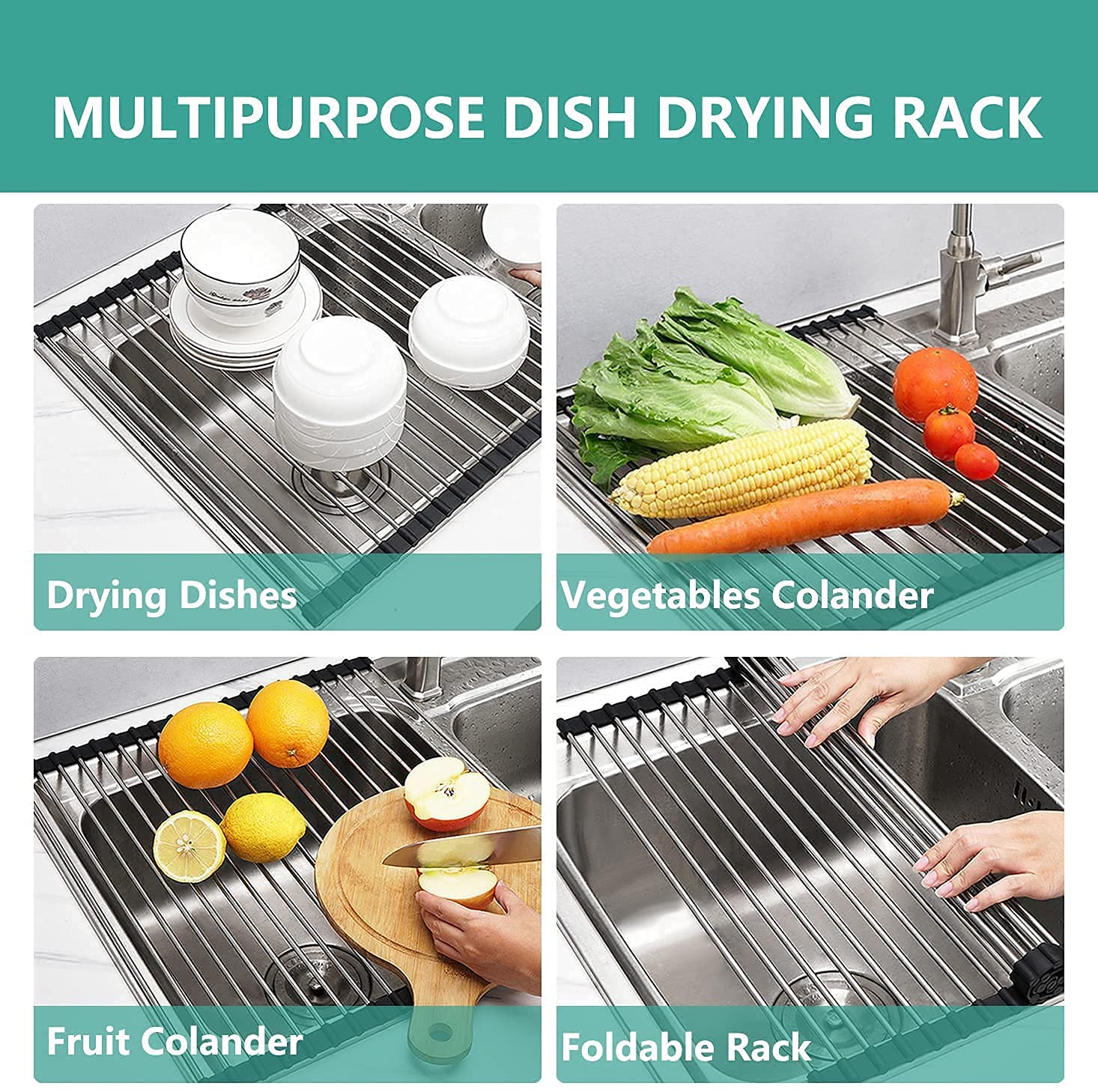Stainless Steel Roll-Up Dish Drying Rack for Kitchen Sink - Space Saving 47x47cm Black Dish Drainer for Dishes, Utensils, Fruits & Vegetables - Perfect for Small Kitchens, Apartments & RVs