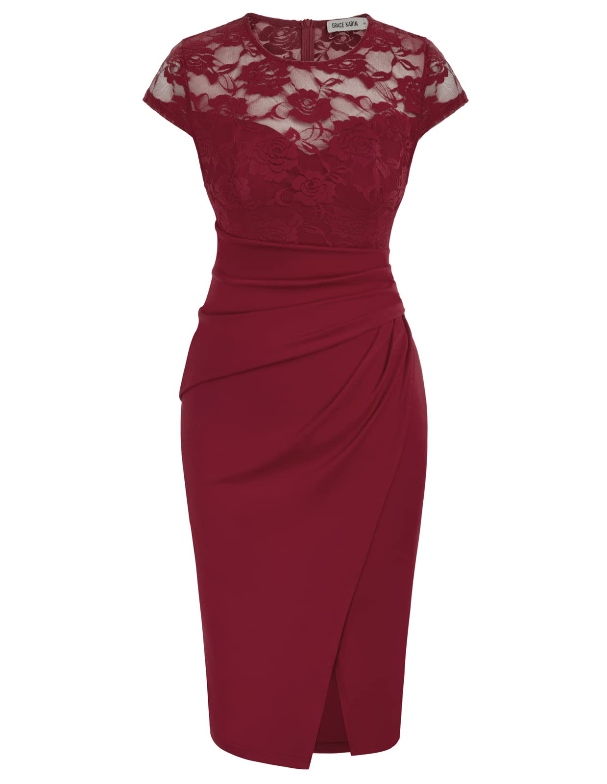GRACE KARIN Women's Sleeveless Lace Cocktail Dress Wrap Ruched Bodycon Party Dress - Elegant Evening Wear for Weddings, Prom, Night Out & Special Occasions