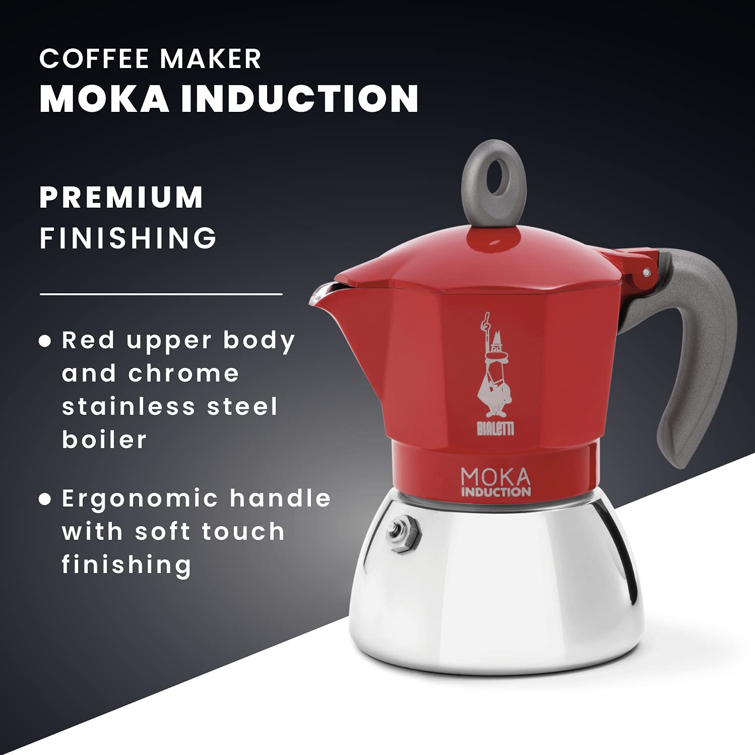 Bialetti New Moka Induction Coffee Maker - 4 Cup (150ml) Aluminum Stovetop Espresso Pot for Gas & Induction Cooktops - Italian Made Red Moka Pot for Home & Office Coffee Brewing