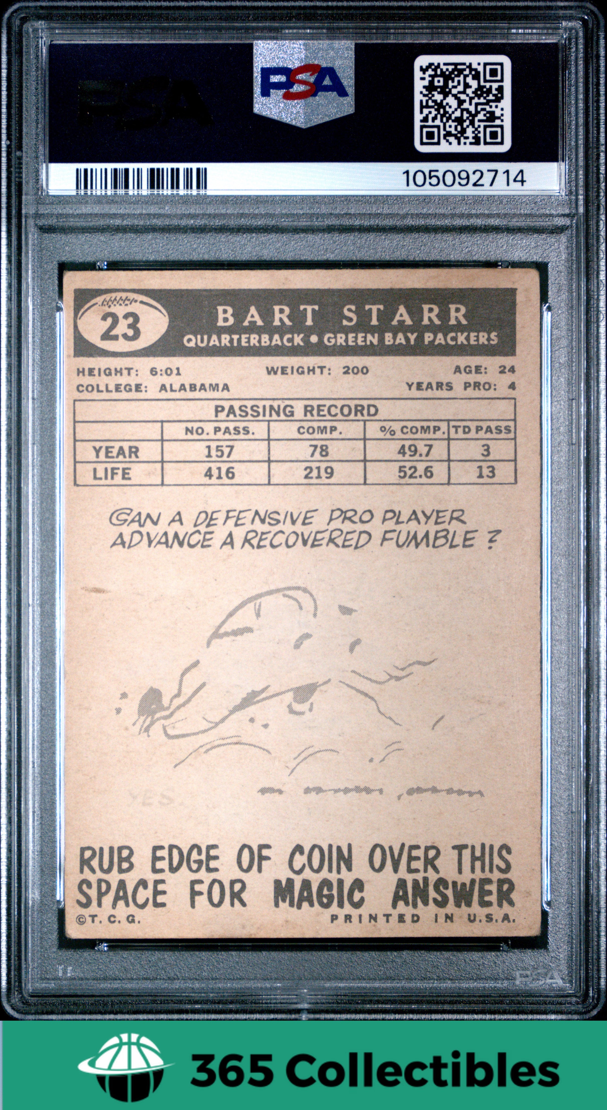 1959 Topps Bart Starr #23 Football Card - Green Bay Packers PSA 3 VG (Very Good) - Vintage NFL Collectible for Display & Investment