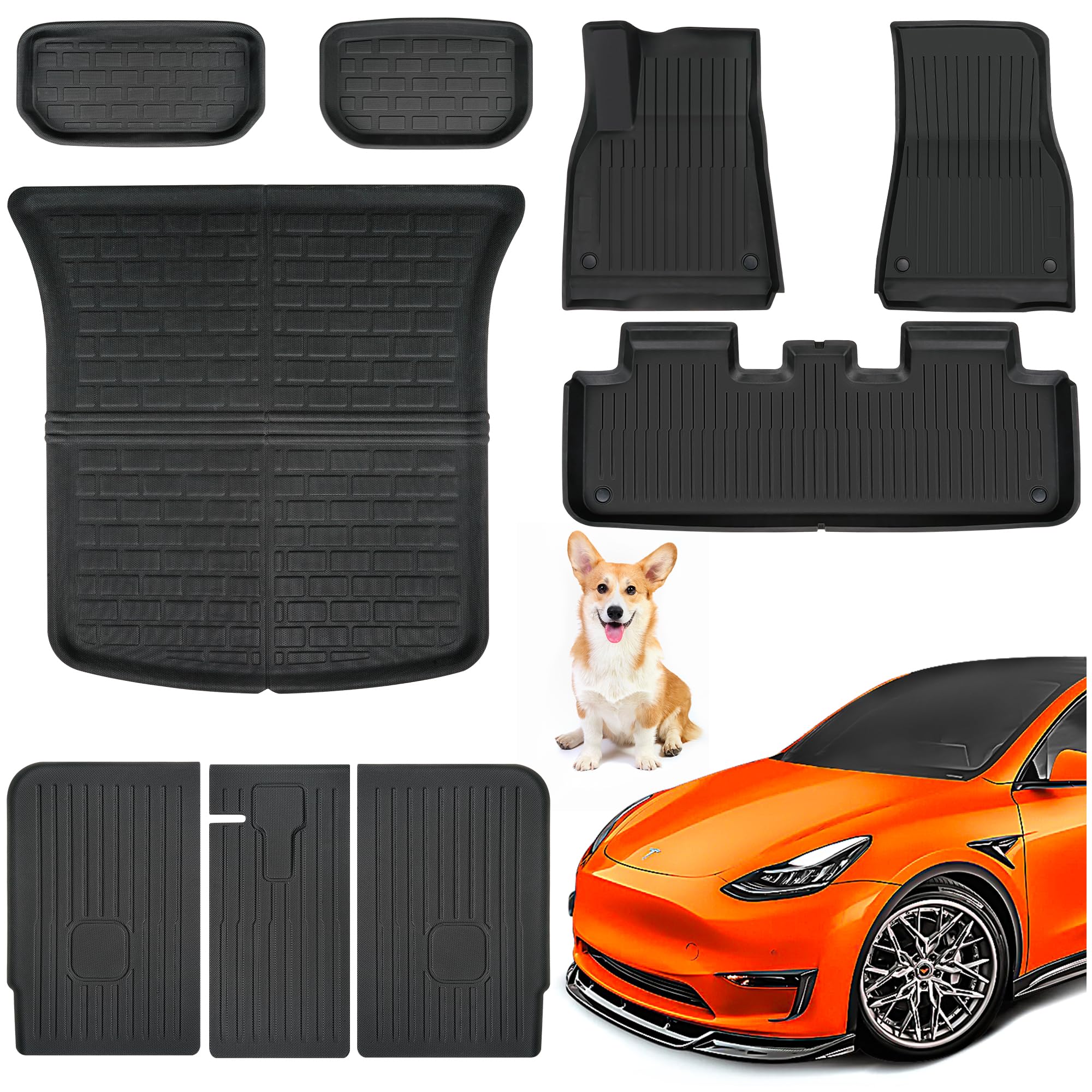 Premium Tesla Model Y All-Weather Floor Mats Set (2020-2024) - 9-Piece Custom Fit Car Floor Liners & Trunk Mat - Waterproof & Durable Automotive Accessories for Winter, Rain & Outdoor Adventures