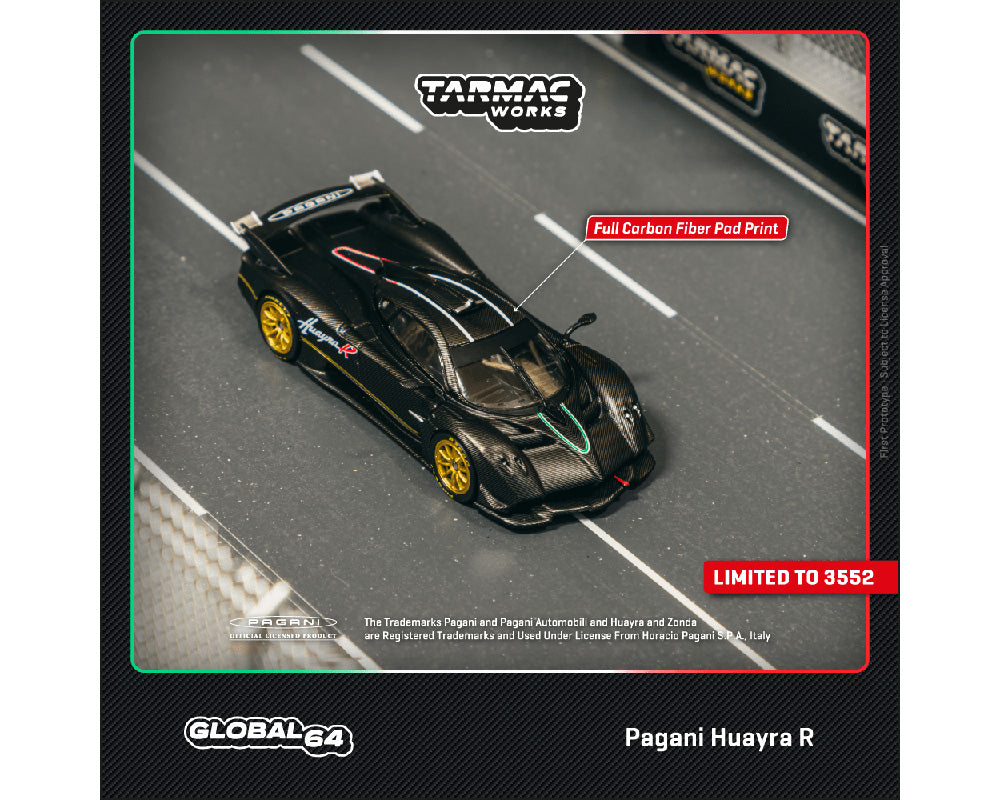 PREORDER Tarmac Works 1:64 Pagani Huayra R Diecast Model Car - Matte Black Carbon Fiber Finish - Collectible Miniature for Display, Racing Enthusiasts & Car Lovers