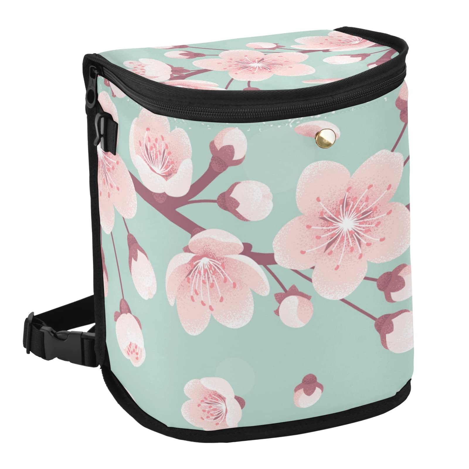 Pink Cherry Blossom Car Trash Can - Leak Proof Hanging Garbage Bin with Lid, Waterproof Storage Bag for Truck & Minivan | Spring Floral Design with Falling Petals on Turquoise Background | Perfect for Road Trips, Commuting & Keeping Your Vehicle Clean