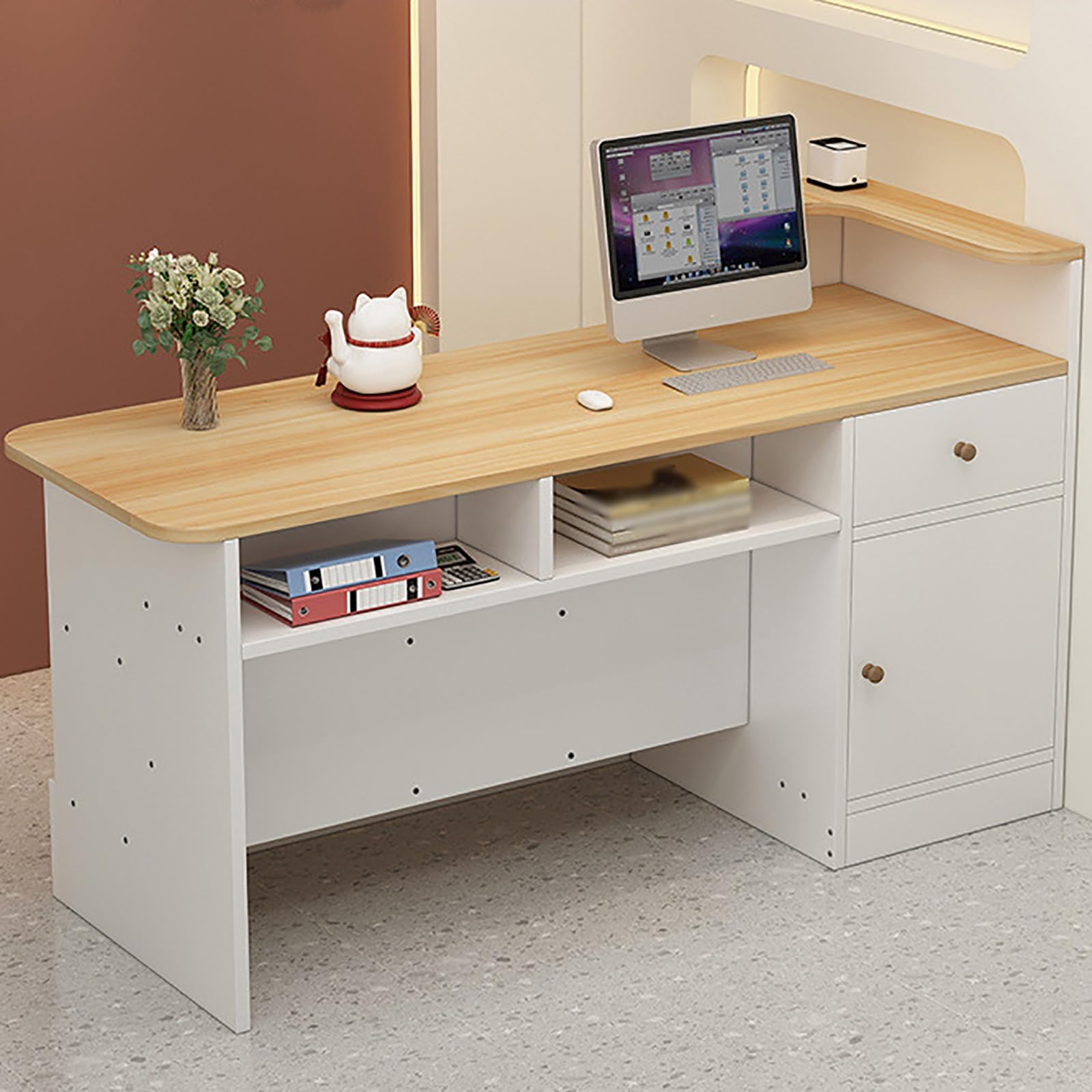 Modern Reception Counter Desk with Display Shelf & Drawers - Stylish Retail Front Desk for Checkout, Lobby, Salon, Store, Clinic & Office - Perfect for Beauty Salons, Retail Shops and Professional Reception Areas