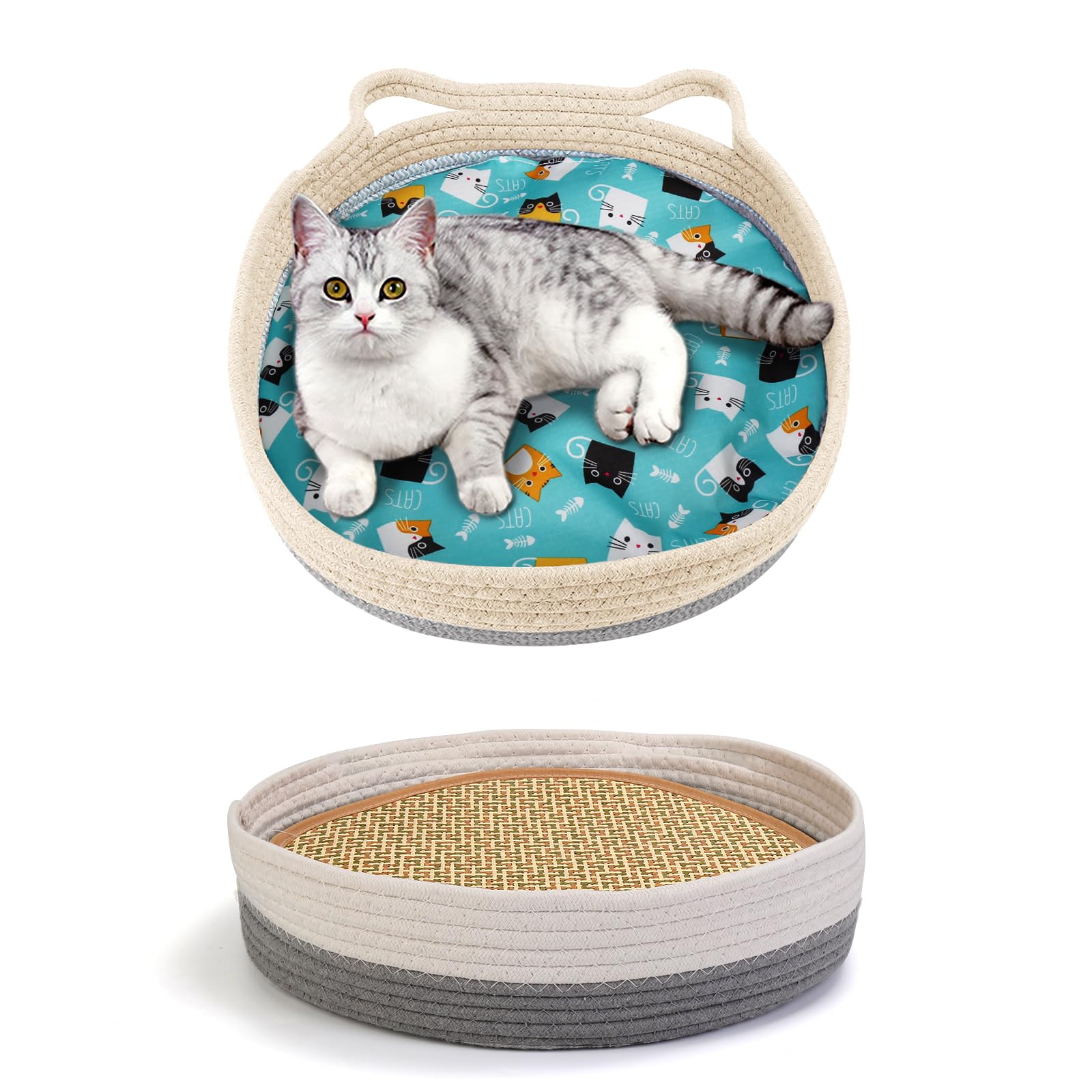 Round Wicker Cat Bed for Indoor Cats - Cooling Donut Pet Nest with Scratching Pad, Washable Grey Cat Basket for Summer Sleeping | Perfect for Cozy Napping & Playtime