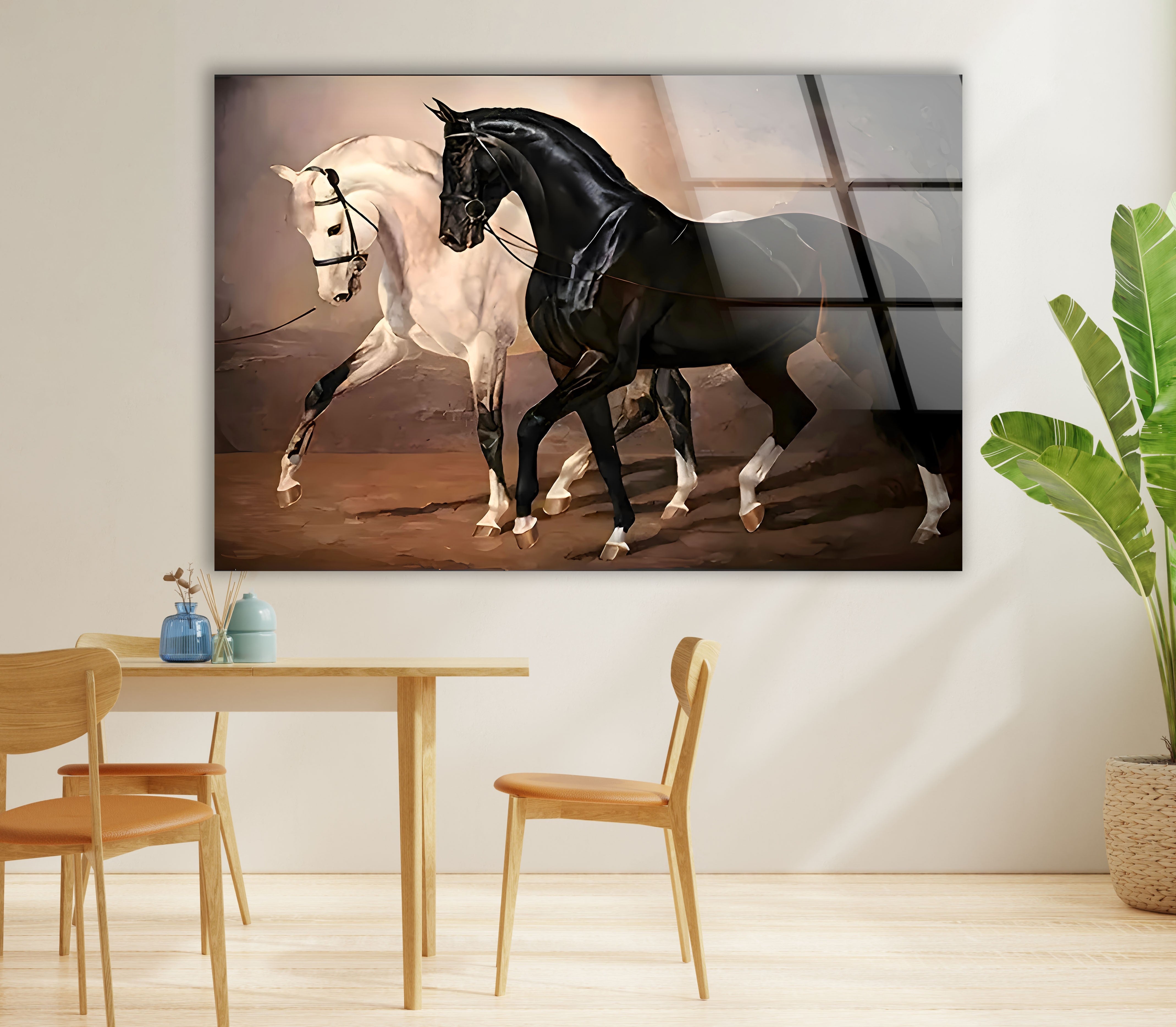 Elegant Black & White Horses Glass Wall Art - Modern Home Decor for Living Room, Bedroom & Office - Perfect Gift for Art Lovers