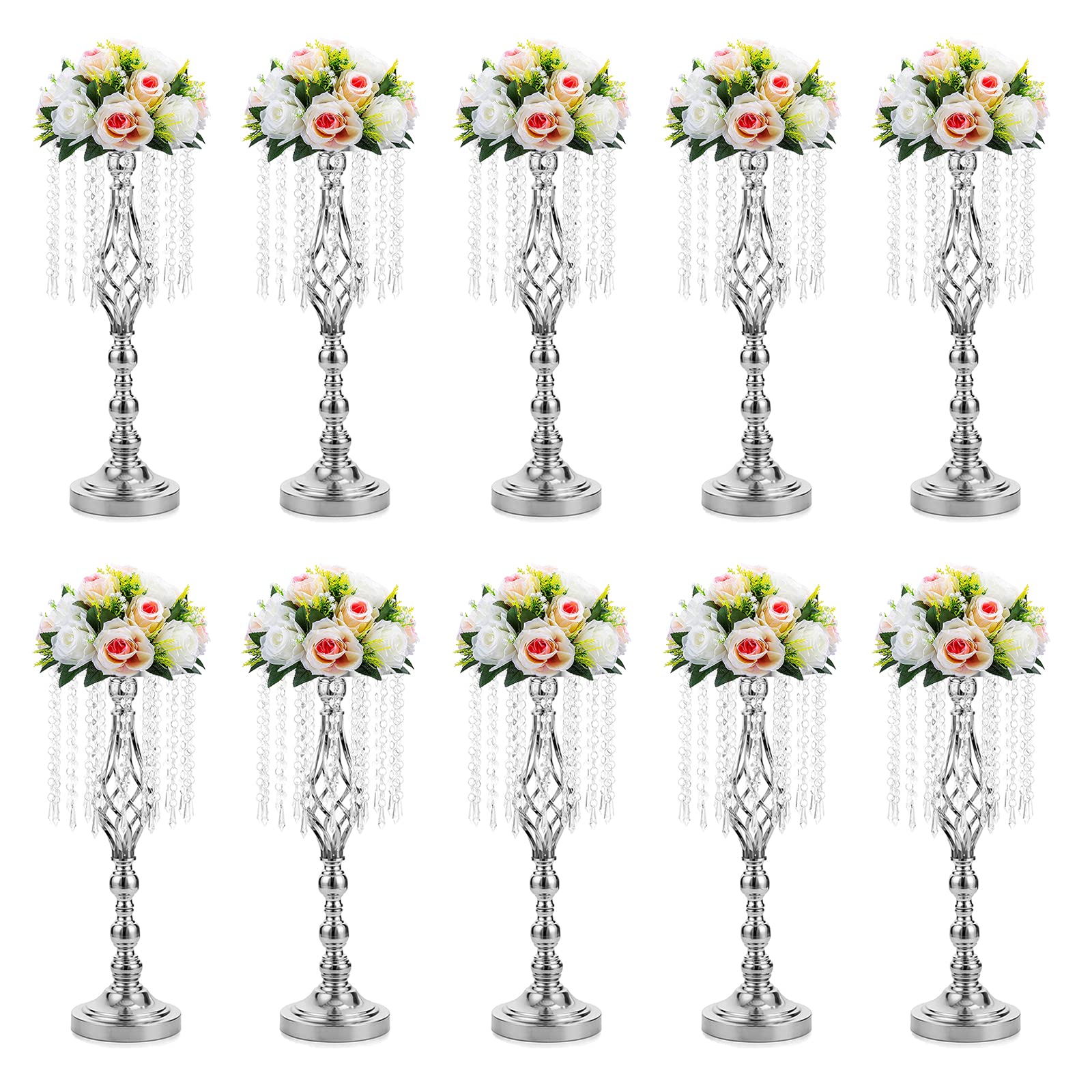 10pcs 20-inch Silver Metal Flower Stand with Crystal Beads - Elegant Floor Vase Holder for Wedding Table Decor, Party Centerpiece, Birthday & Grand Opening Events - Perfect for Indoor & Outdoor Celebrations