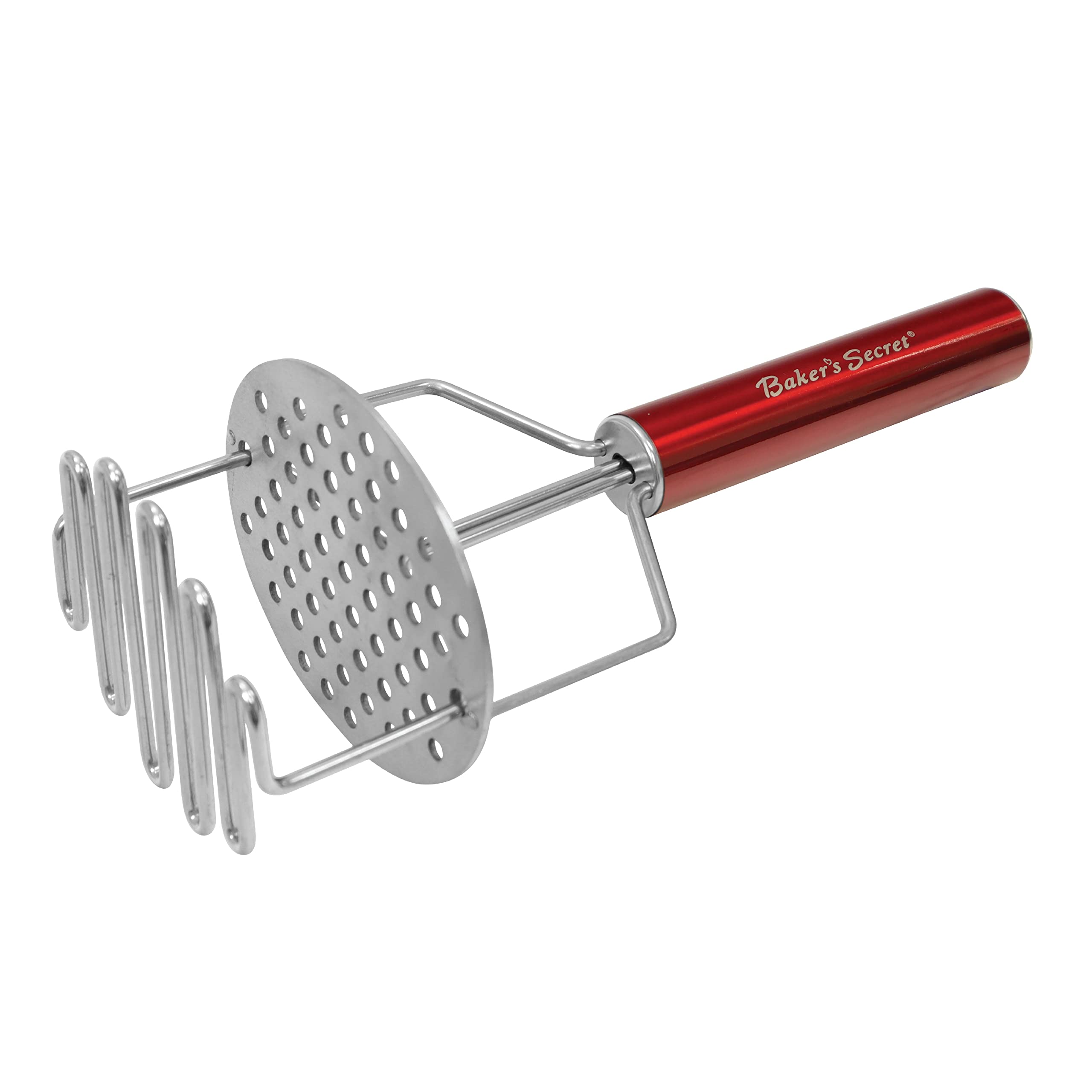 Baker's Secret Stainless Steel Potato Masher & Ricer - Durable Kitchen Tool with Red Handle for Smooth Mashed Potatoes, Baby Food & Baking - Perfect for Home Cooks & Professional Chefs