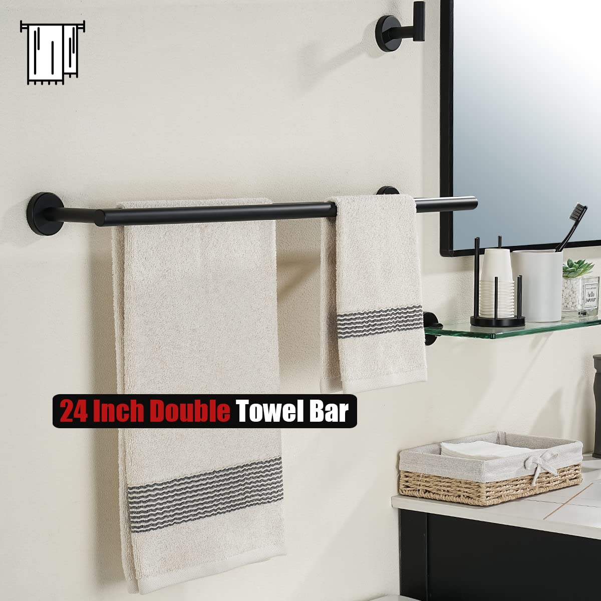 27 Inch Matte Black Double Towel Bar - 24 Inch Useable Length, 304 Stainless Steel Bathroom Towel Rack (0.8mm Thick) - Wall Mounted Towel Holder for Bathroom, Kitchen & Laundry Room Organization (Model TB100L24-PB)