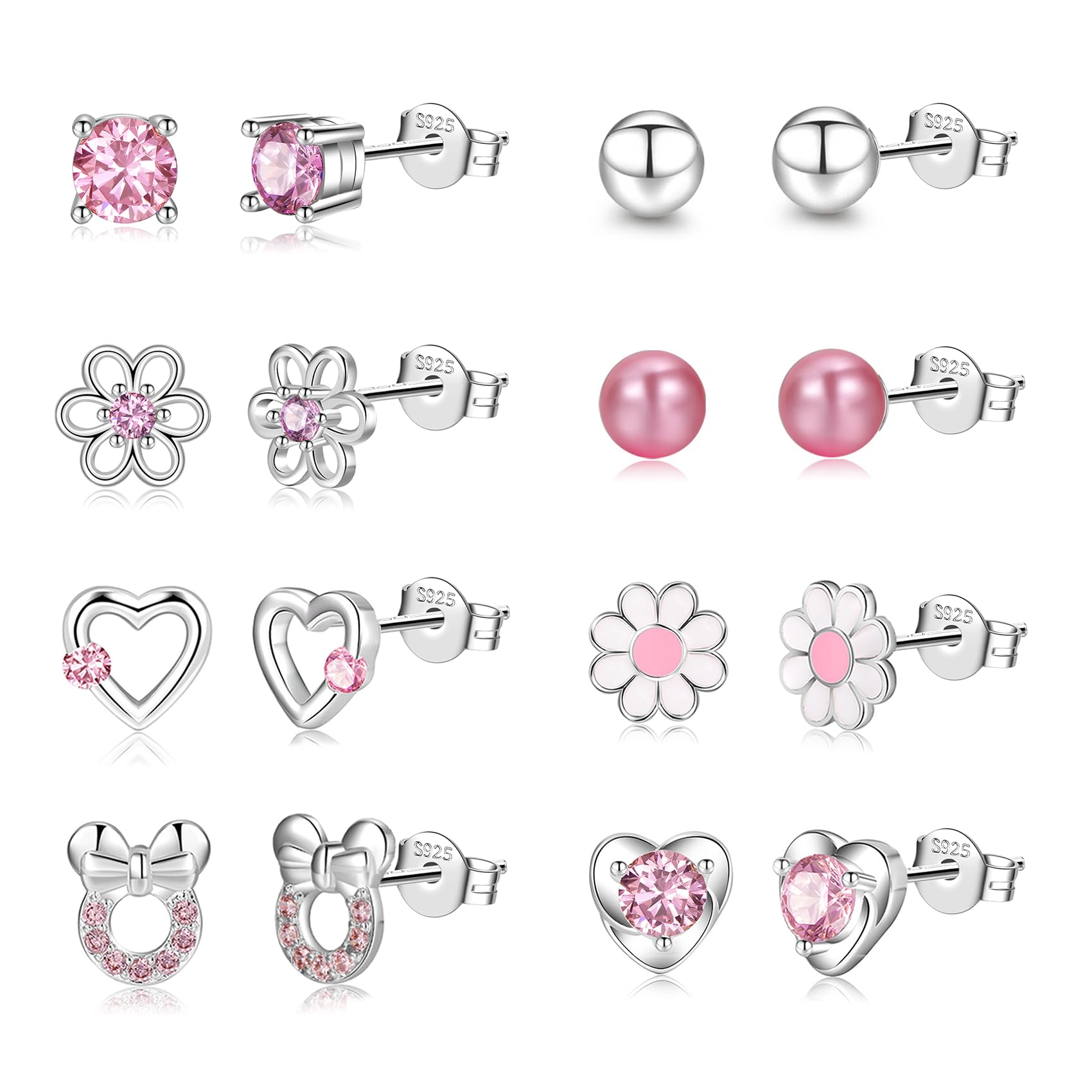 6 Pairs 925 Sterling Silver Huggie Hoop Earrings for Girls - Tiny Heart & Flower CZ Studs, Hypoallergenic Cartilage Sleepers for Teens, Toddlers & Women | Perfect for Everyday Wear, Gifts & Special Occasions
