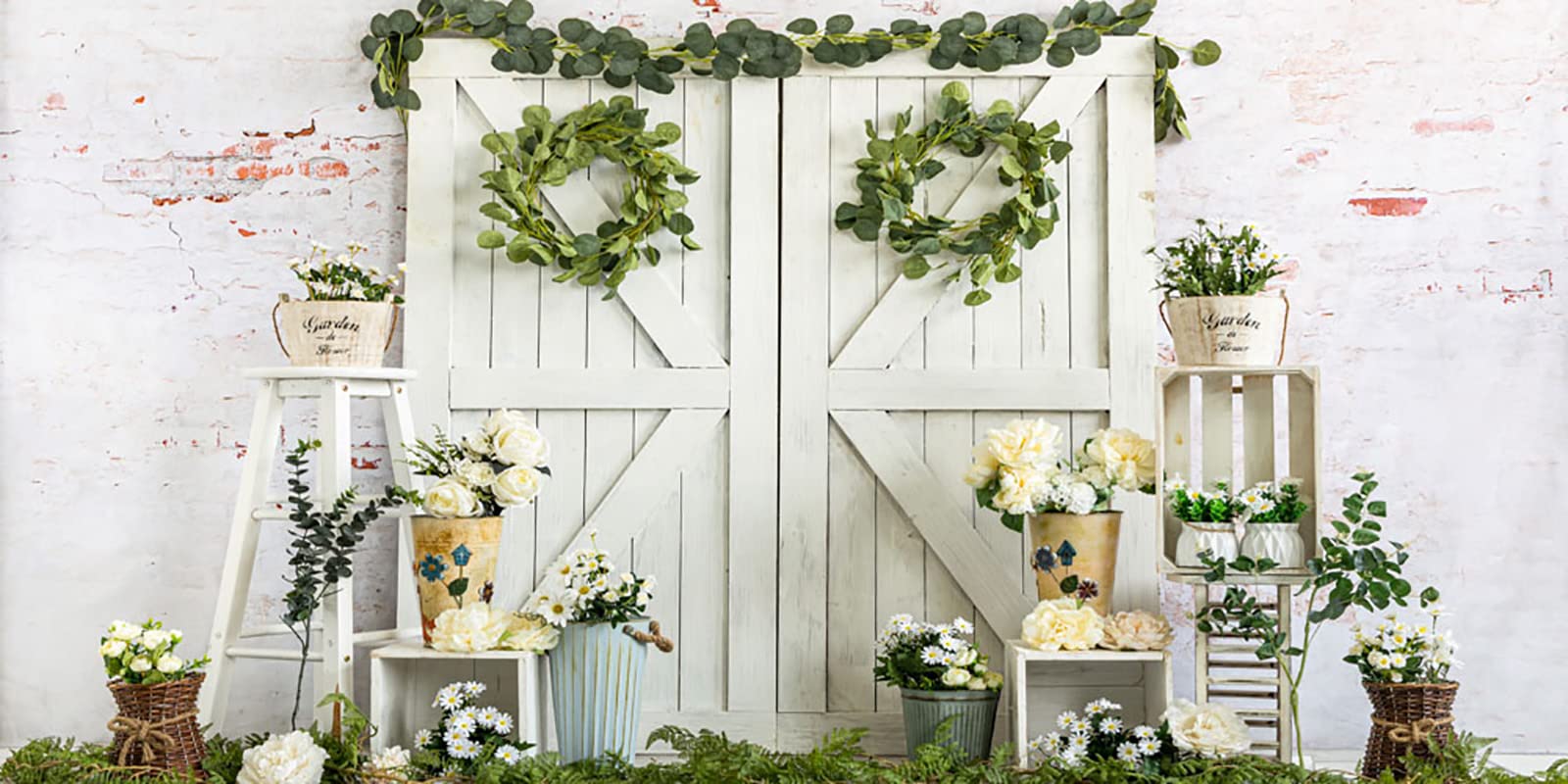 20x10ft Spring Garden Photography Backdrop with White Flowers & Wood Door - Baby Girls Boys Portrait Studio Props for Newborn, Easter, Birthday Photo Shoots