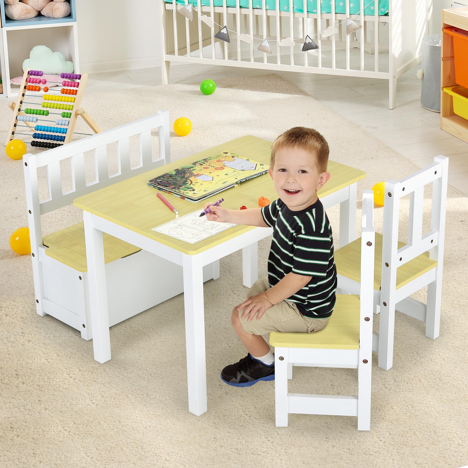 Costzon Kids Wooden Activity Table & Chair Set with Storage Bench - 2 Chairs for Toddlers, Children's Reading, Arts & Crafts, Snack Time, Homework, Playroom Furniture (Natural Wood) - Perfect for Preschool Learning, Playdates & Creative Play Spaces