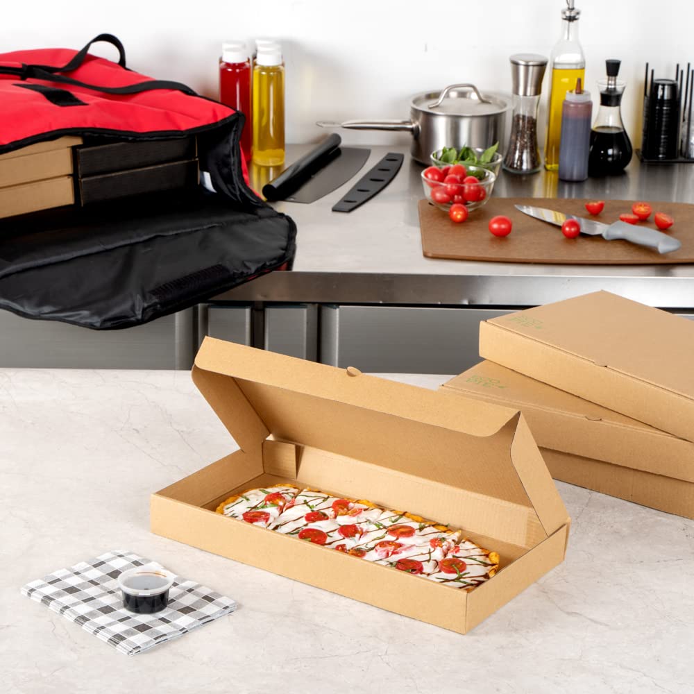 Eco-Friendly 15 x 7 x 1.5 Inch Flatbread Takeaway Boxes - 50 Pack Corrugated Pizza Boxes with E-Flute Design & Tab-Lock System | Kraft & Green Paper Disposable Food Containers for Restaurants, Catering & Delivery Services