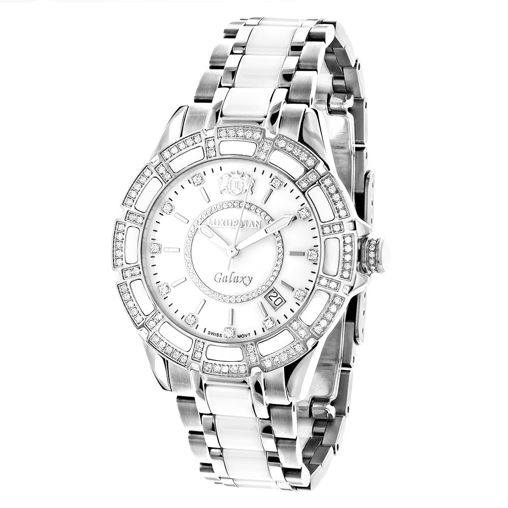 Luxury Swiss Quartz Ladies Diamond Watch - Stainless Steel & White Ceramic Band with 1.25ct Mother of Pearl Dial | Elegant Women's Dress Watch for Formal Events, Business Meetings & Special Occasions