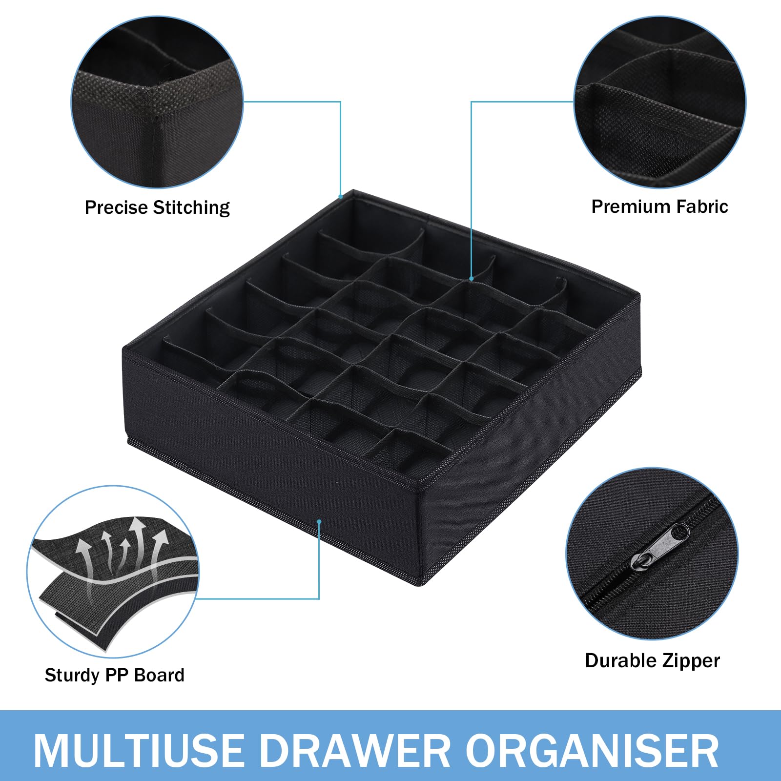 Foldable Fabric Storage Cubes - 24-Cell Underwear Organizer Drawer Dividers for Lingerie, Socks & Ties | Under Cabinet Closet Organizer (Black) | Perfect for Bedroom, Closet & Travel Storage