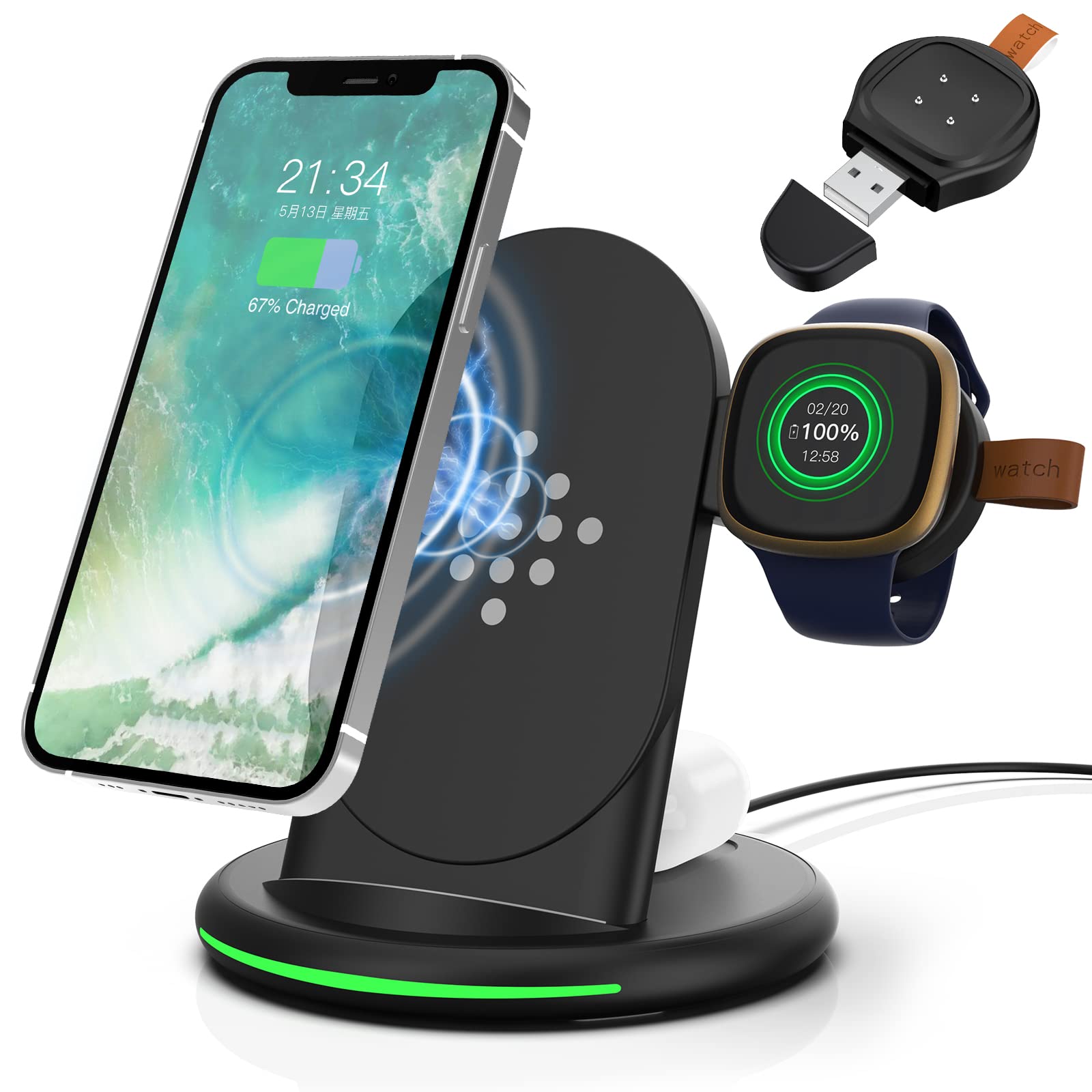 ACEQINGSE 3-in-1 Fast Wireless Charging Station for Fitbit Sense/Sense 2/Versa 3/Versa 4, iPhone 15/14/13/12/11/Plus/Pro Max, Samsung Galaxy S24/S23/S22 & AirPods Pro/3/Galaxy Buds Pro - Multi-Device Charger for Home, Office & Travel