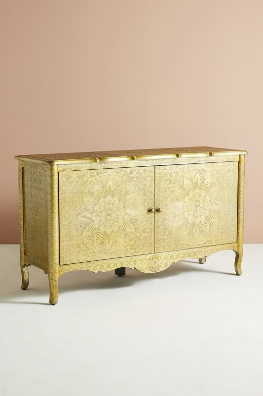 Golden Hand Embossed Lotus Buffet Table - Indian Brass Metal Sideboard with Intricate Design | Elegant Dining Room Furniture for Home Decor & Entertaining Guests