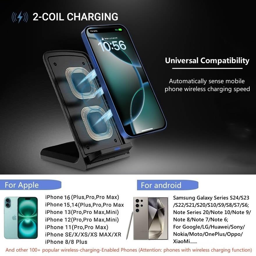 20W Fast Wireless Charging Stand for iPhone 16/16 Pro/15/14/13/12/11 Series, Galaxy S24/S23/S22/Note, Pixel & LG - Qi Certified Phone Charger with LED Indicator (No Adapter Included) | Perfect for Bedside, Office & Car Use