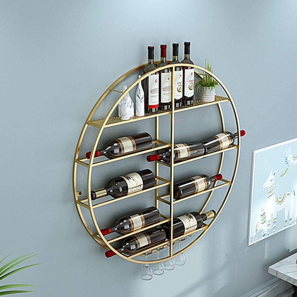 Modern Round Wall Mounted Wine Rack with Stemware Holder - 23.6 Inch Creative Metal Wine Storage & Display Shelf for Kitchen, Bar, Dining Room Decor