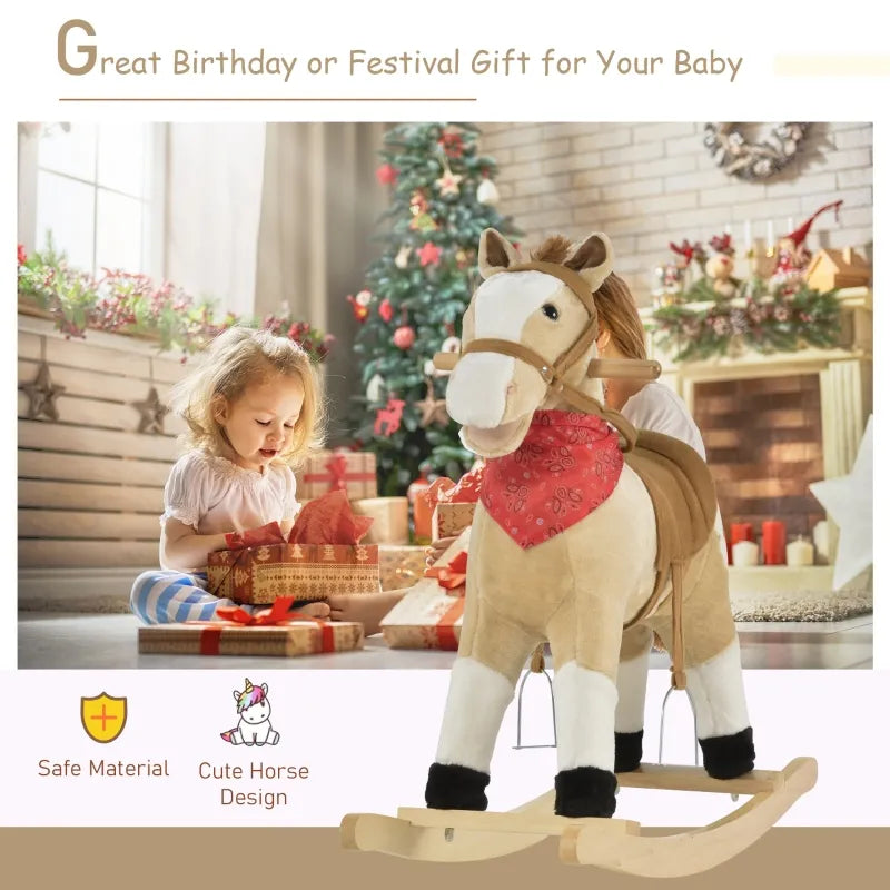 Qaba Kids Plush Ride On Rocking Horse Toy with Realistic Sounds - Soft Rocker for Toddlers 1-3 Years | Cowboy Themed Nursery Decor & Pretend Play Gift