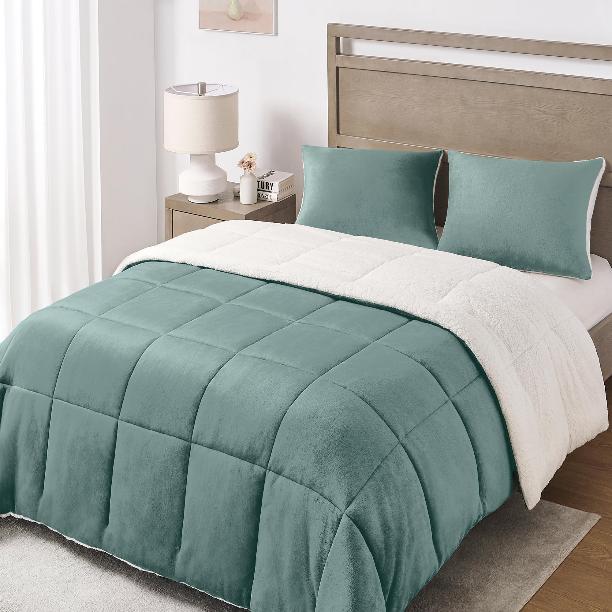 Basic Beyond Twin Comforter Set - Ultra Soft Micromink Fleece & Sherpa Winter Comforter for Boys and Girls, 64x88 Inch Green Bedding | Cozy Warm Twin Bed Blanket for Kids' Room, Guest Bed, Dorm & Cold Weather