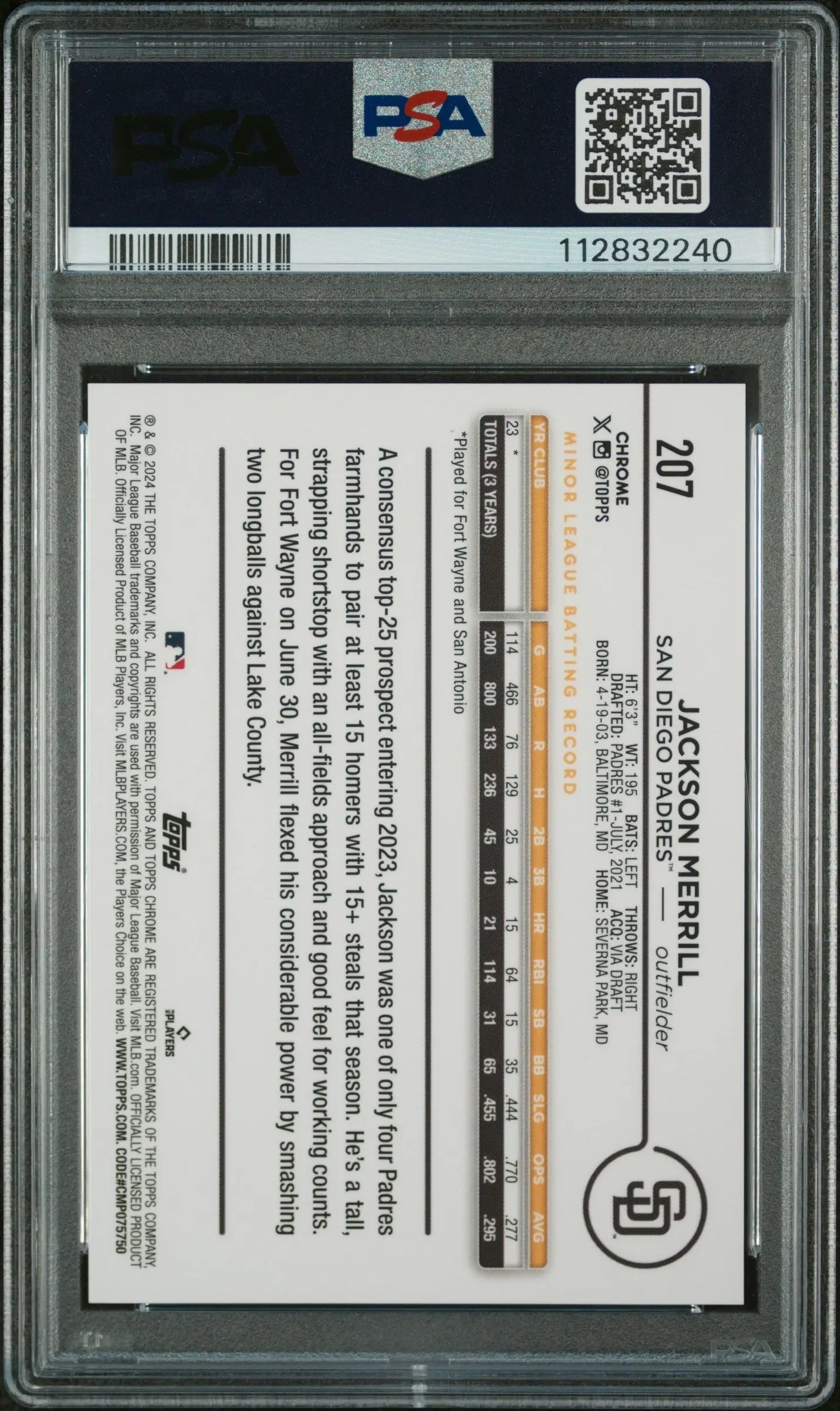 2024 Topps Chrome Baseball Jackson Merrill RC Rookie Card - PSA 8 Graded - Collectible Sports Memorabilia for Baseball Fans & Card Collectors - Perfect for Display, Investment & Trading