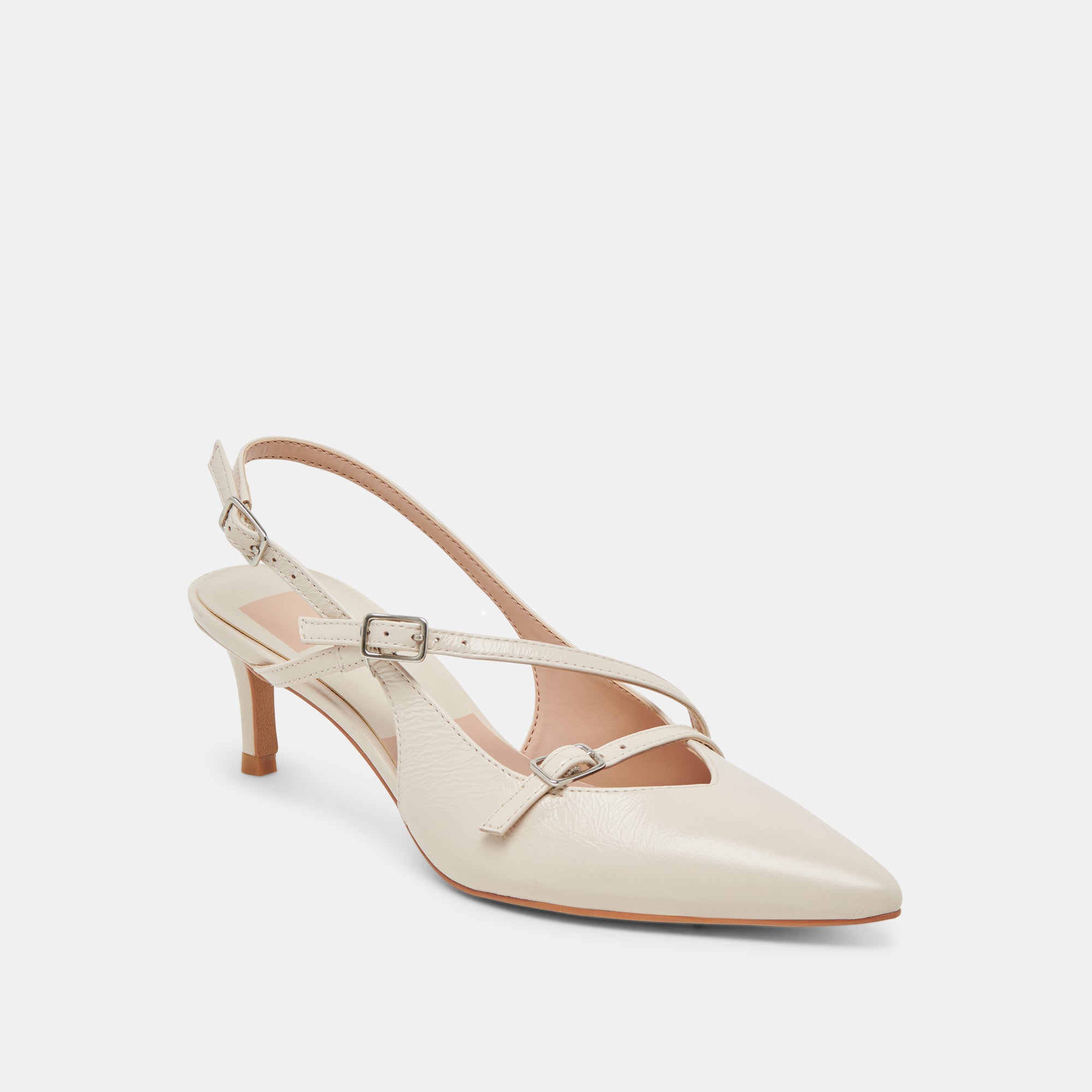 PAMLA Women's Mid Heels Ivory Crinkle Patent Leather Pumps - Elegant Dress Shoes for Work, Parties & Weddings