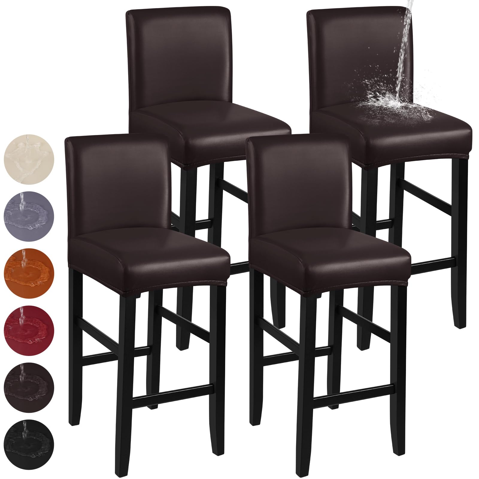 Stretch Waterproof PU Bar Stool Covers - Washable & Removable Slipcovers with Elastic Bands (4 Pack, Coffee Brown) - Perfect for Kitchen Counter, Dining Room & Pub Stools