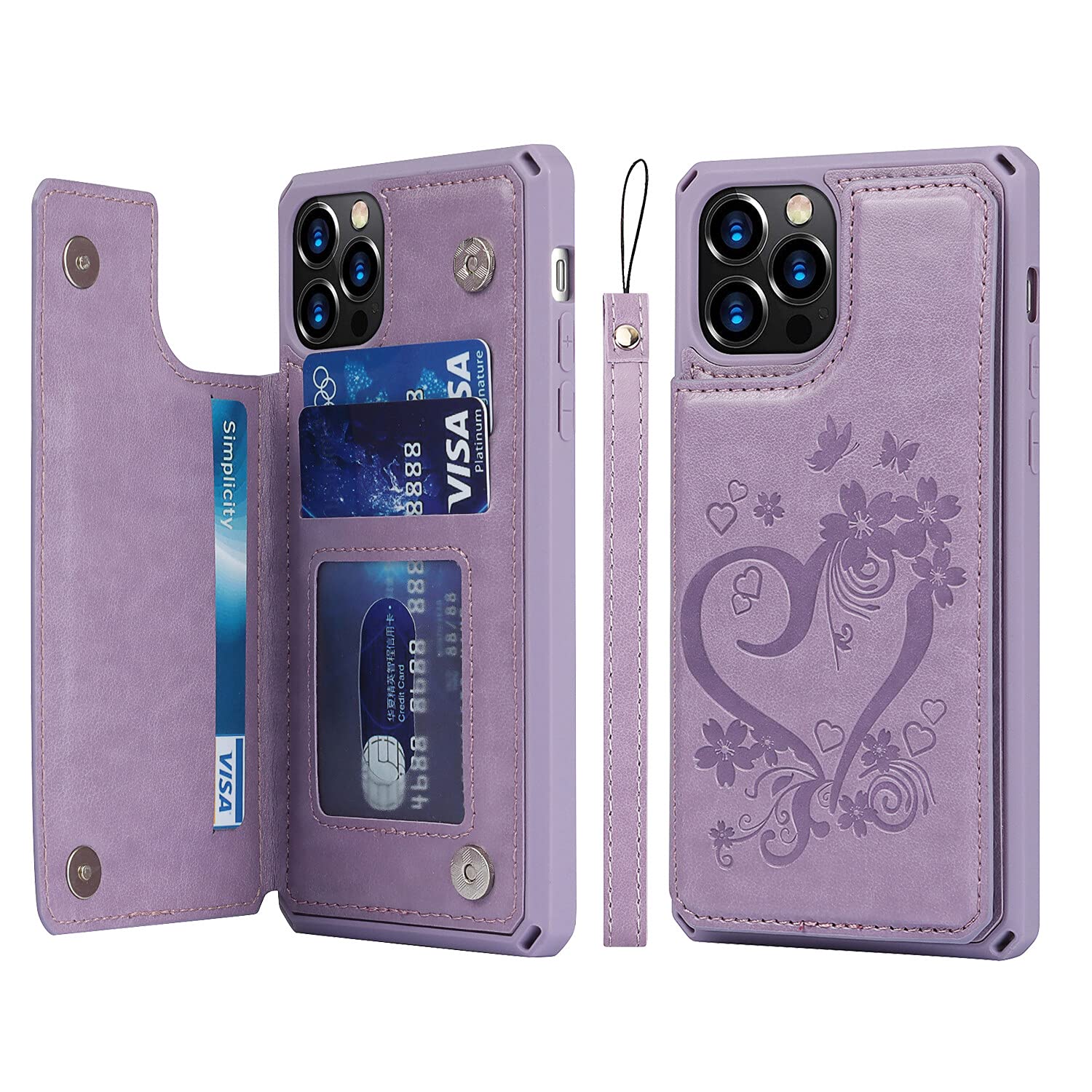 Premium Leather Wallet Case for iPhone 12/12 Pro - Shockproof Protective Cover with Card Holder, Stand & Wrist Strap (Purple) - Perfect for Daily Commute, Shopping & Travel