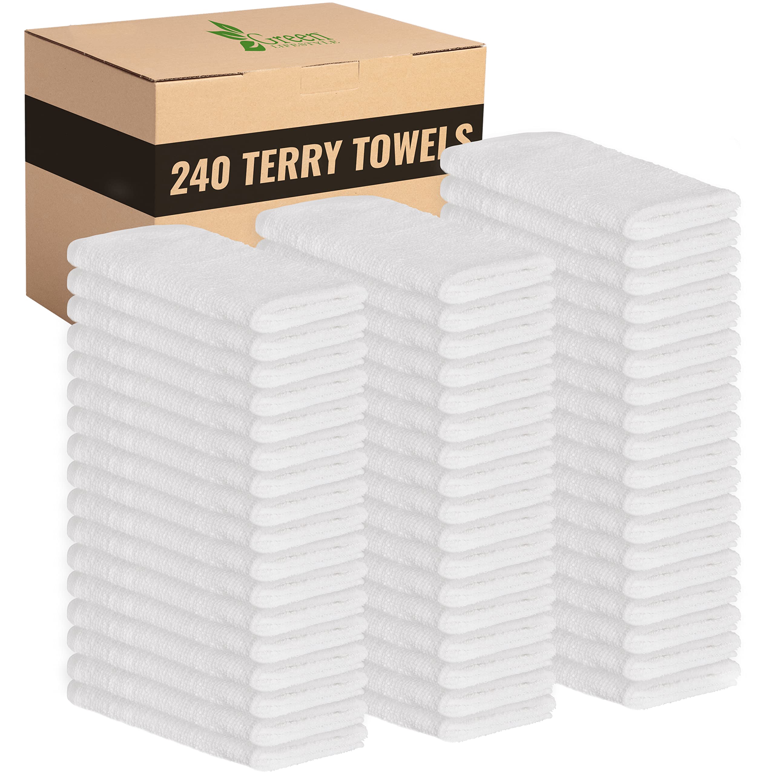 Premium 100% Cotton Terry Towels - 14x17 Inches, White (240 Pack) | Super Absorbent, Durable & Multipurpose Cleaning Cloths for Kitchen, Bathroom, Car Detailing & Household Cleaning