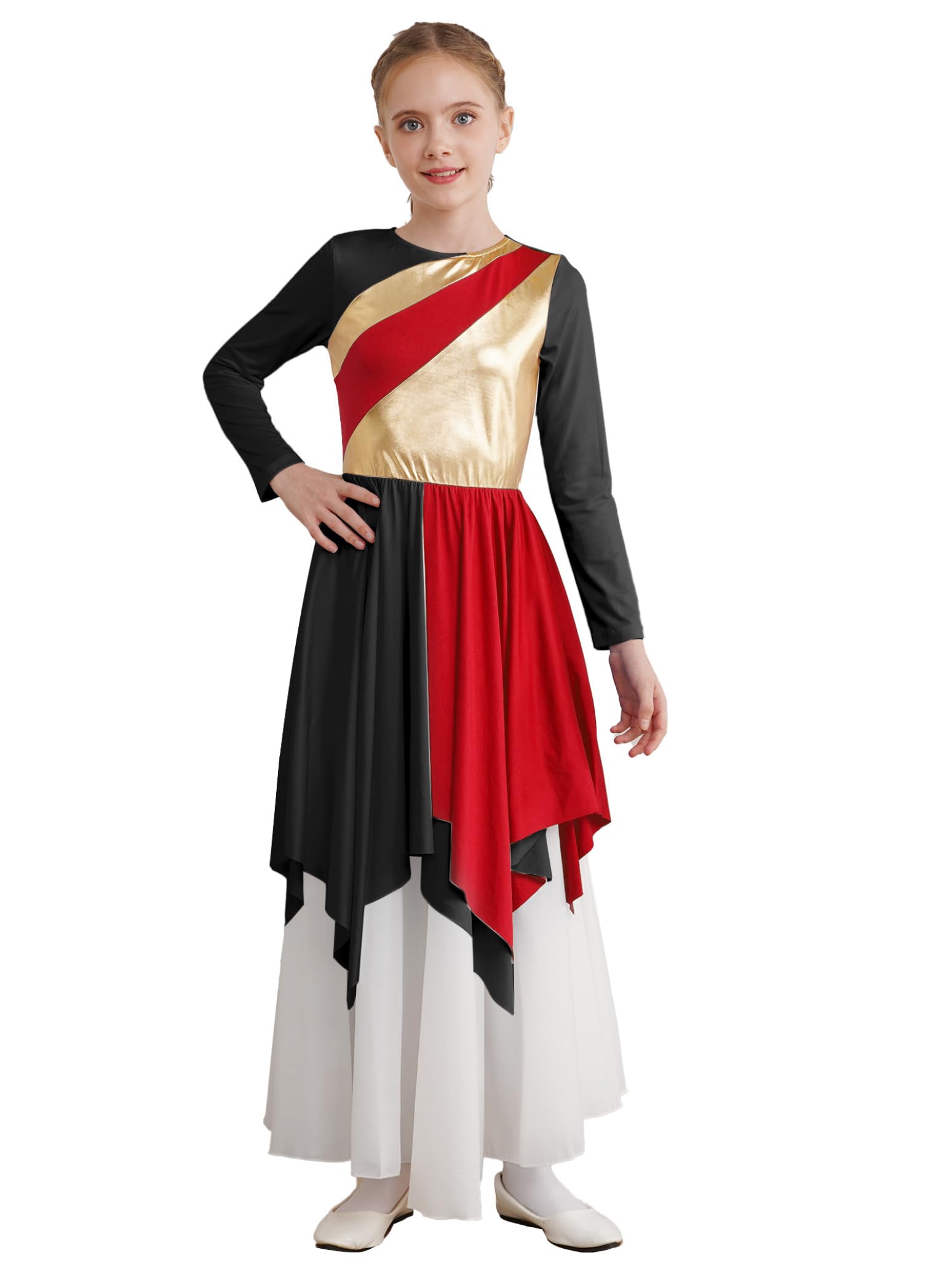 Long Sleeve Praise Dance Dress for Girls - Metallic Liturgical Worship Costume with Asymmetrical Design - Church Choir Robe & Tunic for Performances, Worship Services & Special Events