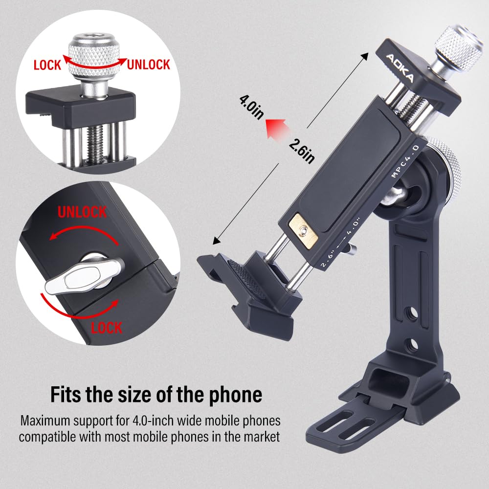 AOKA Metal Phone Tripod Mount - Arca Compatible Base with Cold Shoe | 360° Swivel & 180° Tilt Adjustable | Multiple 1/4
