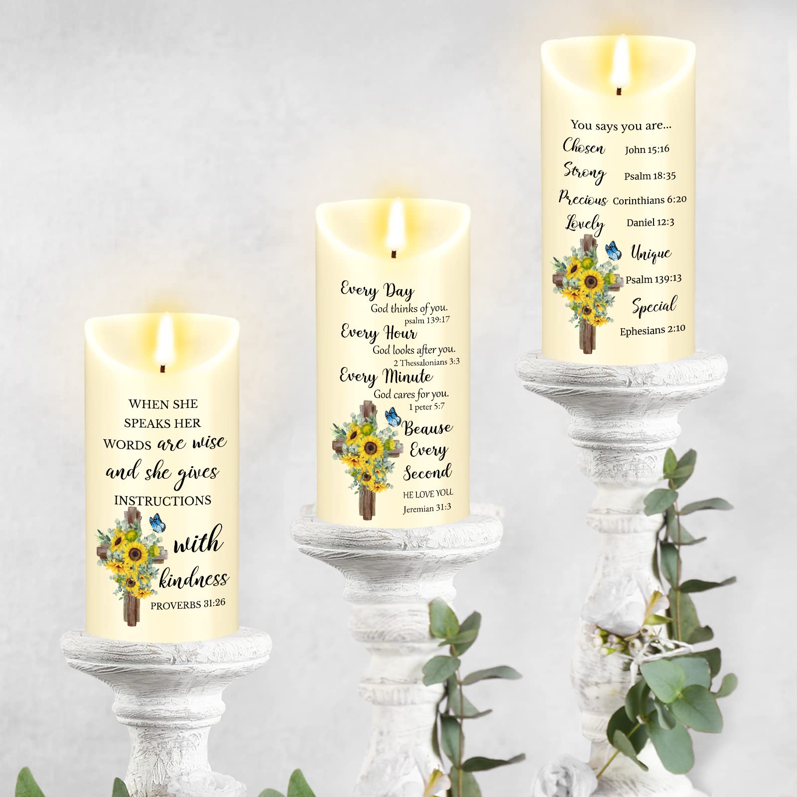 3 Pack Sunflower Bible Verse Flameless Candles - Battery Operated LED Candles with Flickering Flame Effect - Inspirational Christian Gifts for Women, Men, Friends - Religious Birthday Gift for Mom - Perfect for Prayer, Home Decor, Church Events & Thoughtful Present Giving