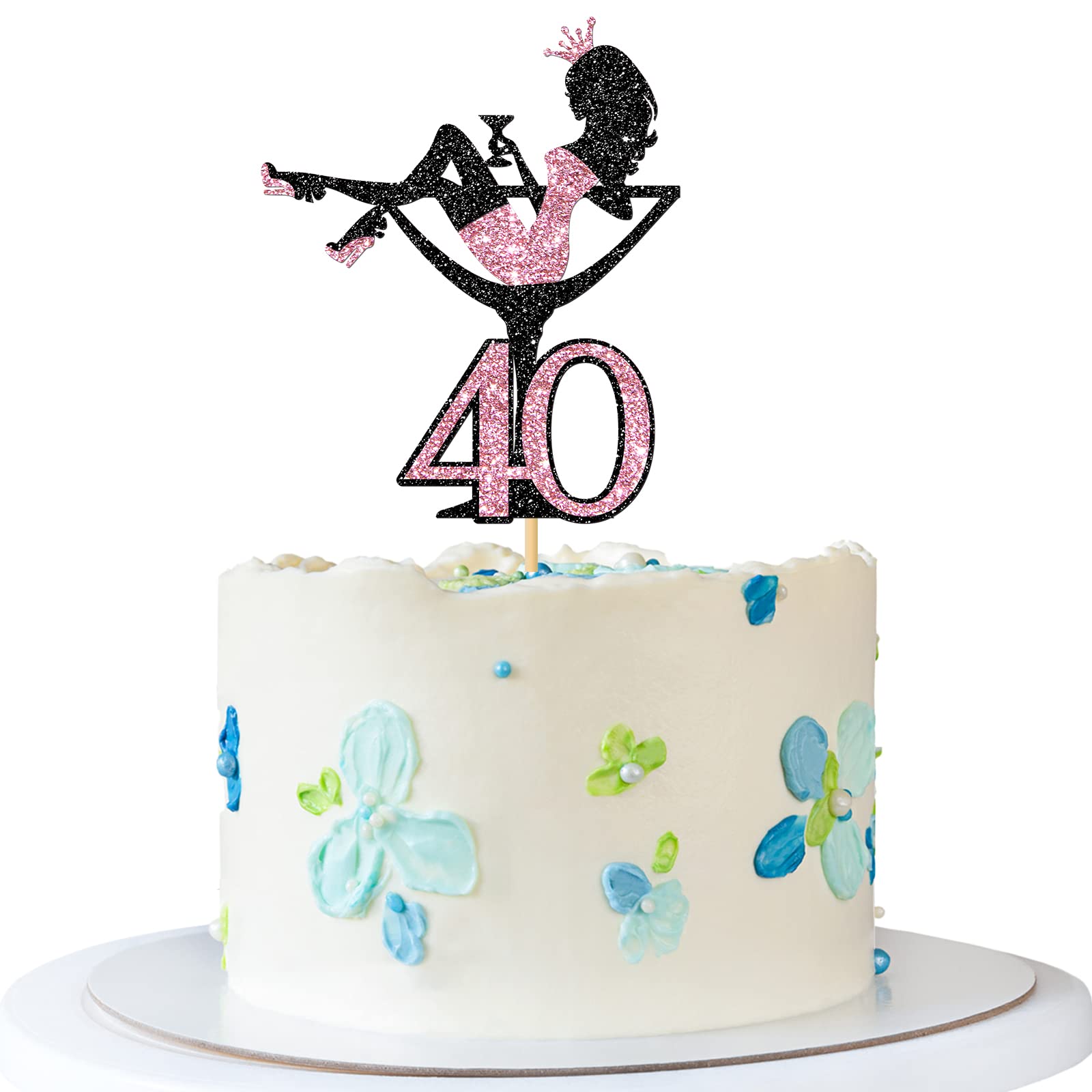 40th Birthday Cake Topper - Glamorous Sitting Lady with Black & Pink Glitter for Makeup Spa Theme Party Decorations | Perfect for Women's 40th Birthday Celebrations, Bridal Showers & Girls' Night Out